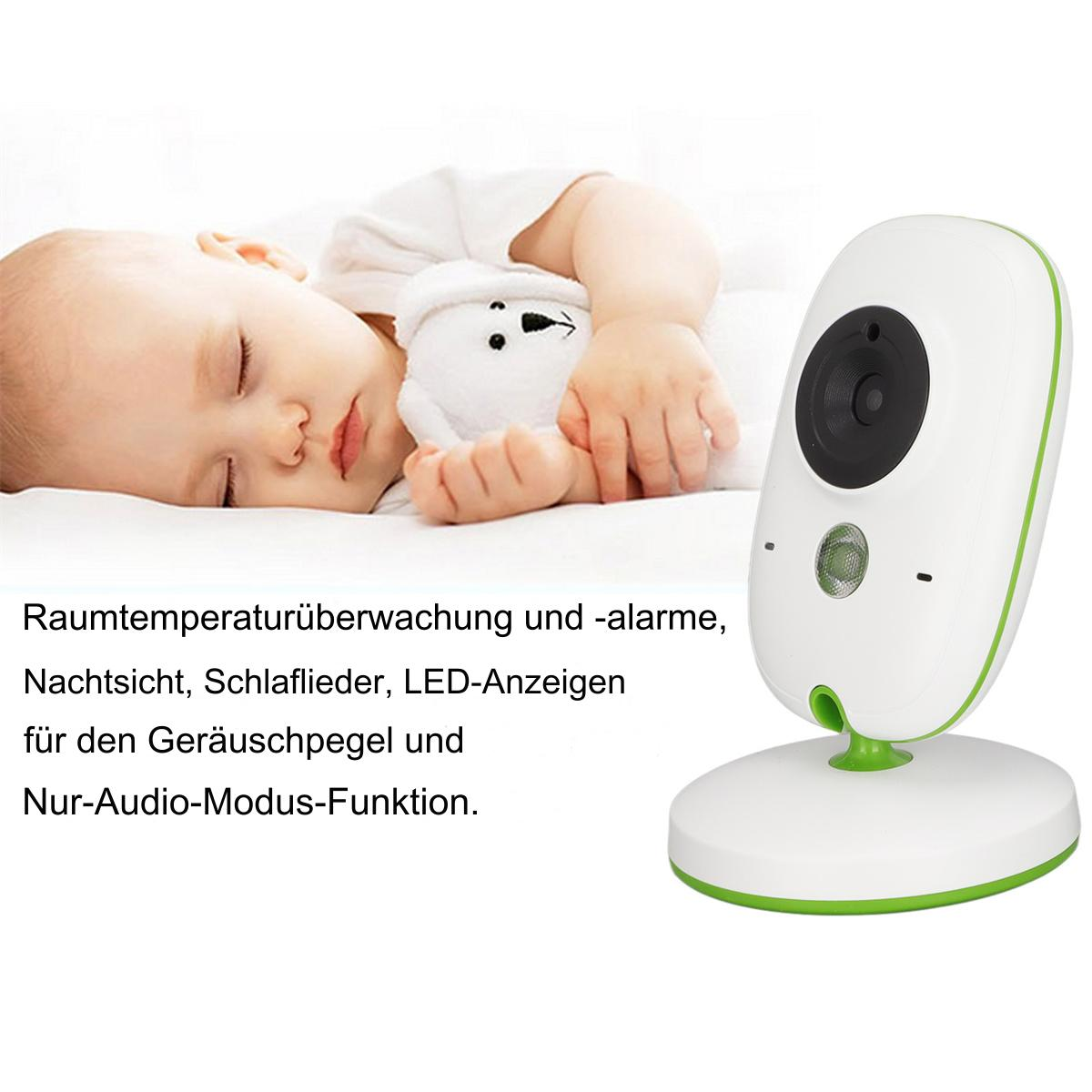 Ein schlafendes Baby neben einem Babyphone. Das Babyphone ist weiß und grün.