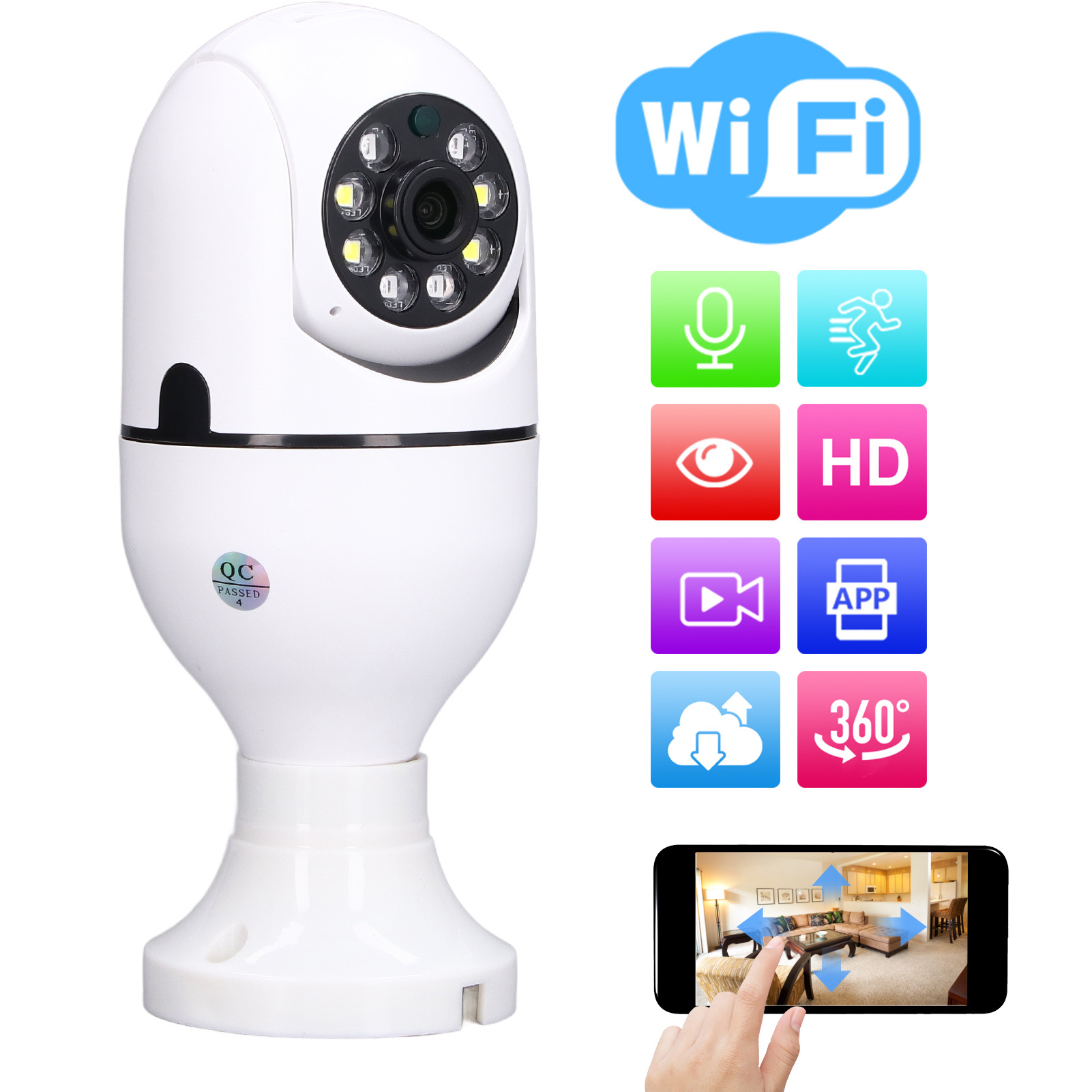 Weiße Überwachungskamera mit WLAN-Symbol und Interface-Symbolen, sowie Telefonbildschirm mit Raumansicht.