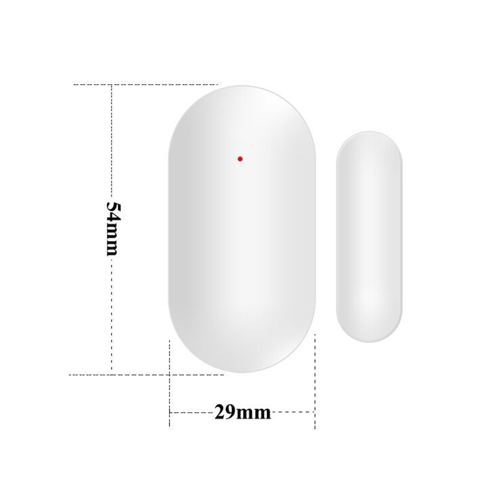 Weißer, ovaler Sensor und eine kleinere, rechteckige Komponente mit Maßangaben.