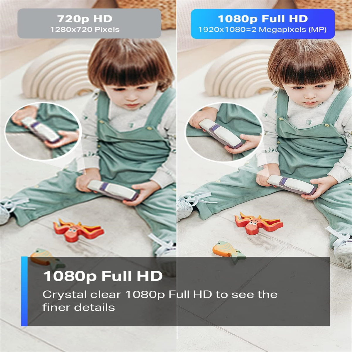 Zwei Bilder vergleichen Videoqualität: 720p HD und 1080p Full HD. Kinder spielen mit Spielzeug.