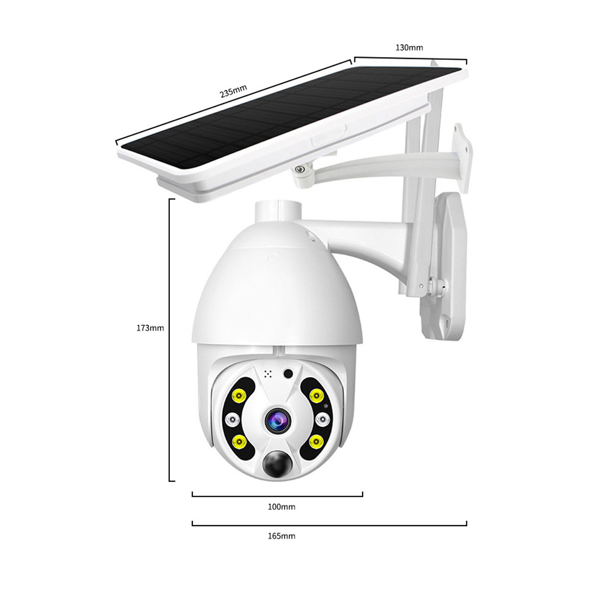Weiße Überwachungskamera mit Solarpanel oben, Abmessungen: 100mm, 165mm, 173mm, 235mm und 130mm.
