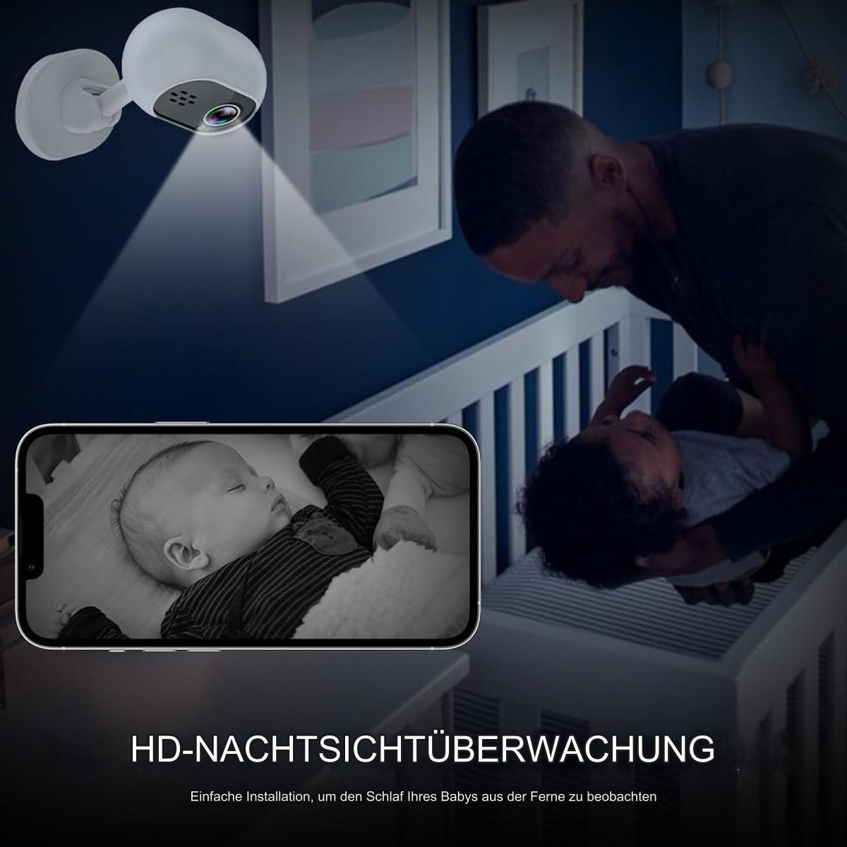 Ein Baby schläft im Kinderbett, überwacht von einer Überwachungskamera. Ein Mann ist in der Nähe.