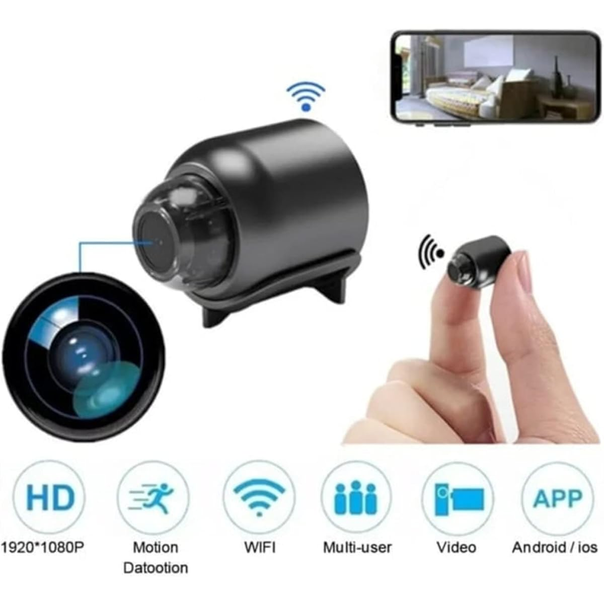 Mini-Schwarz-Kamera mit Telefon, das Live-Feed zeigt.