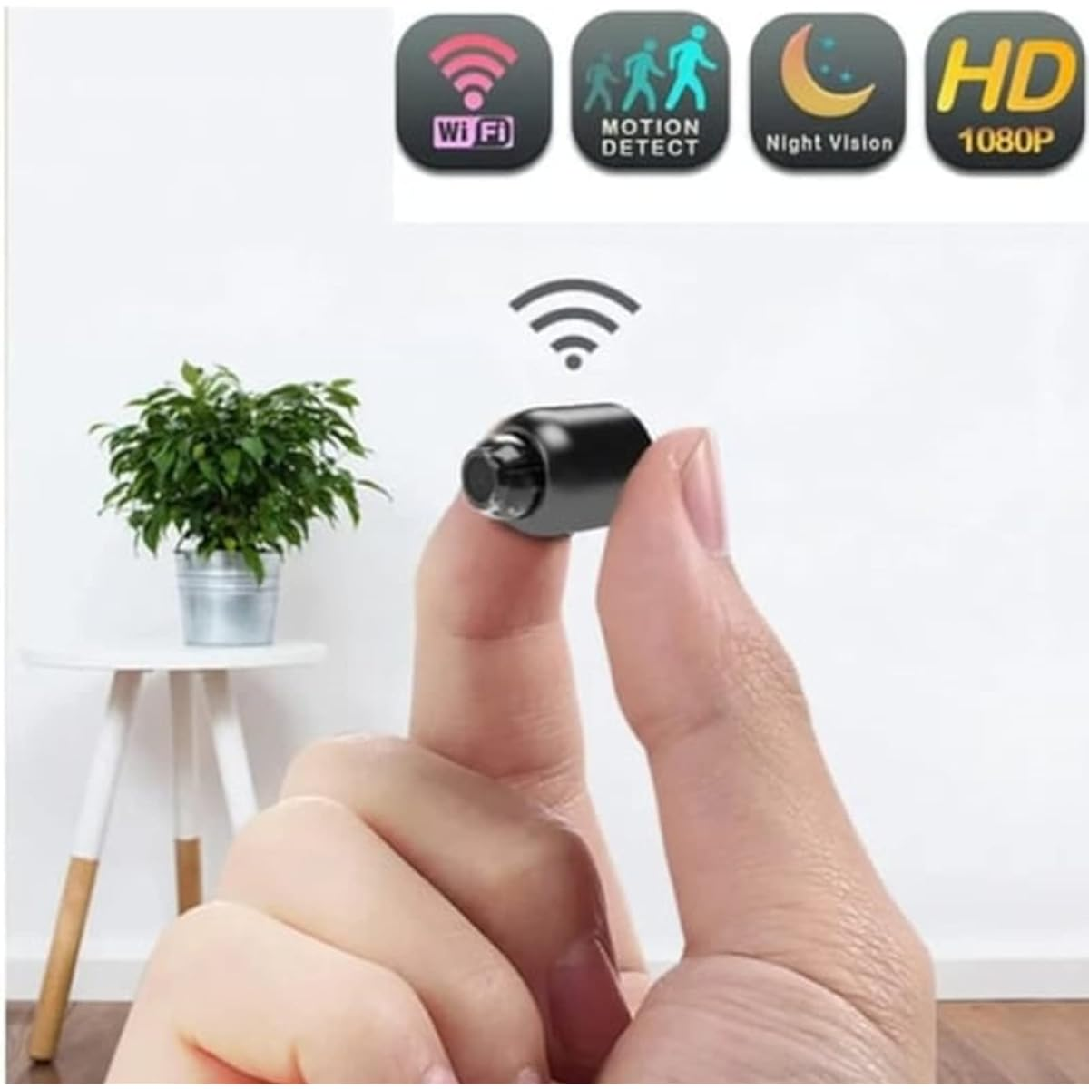 Kleine schwarze Kamera, gehalten von Fingern, neben Symbolen für WLAN, Bewegungserkennung, Nachtsicht und HD.