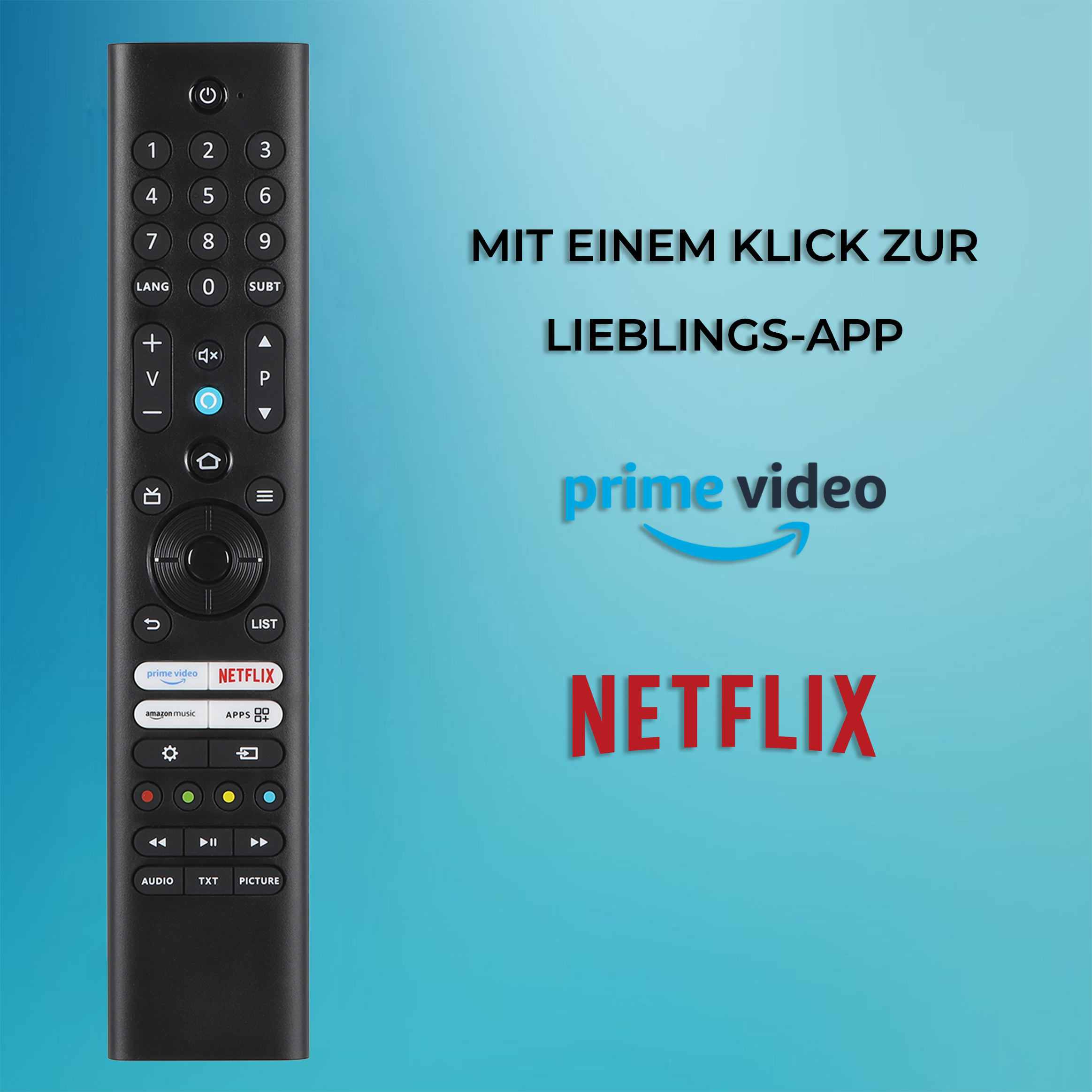 TV-Fernbedienung mit Tasten. Der Text lautet 'Prime Video' und 'Netflix' darunter.