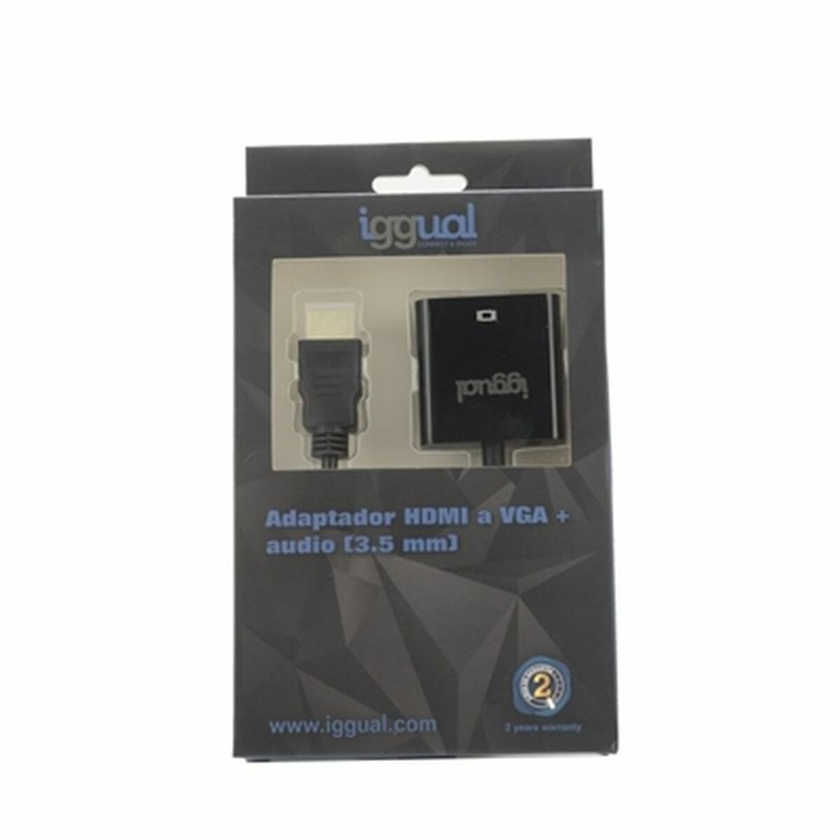 Adaptador HDMI a VGA en una caja, con un cable negro visible.