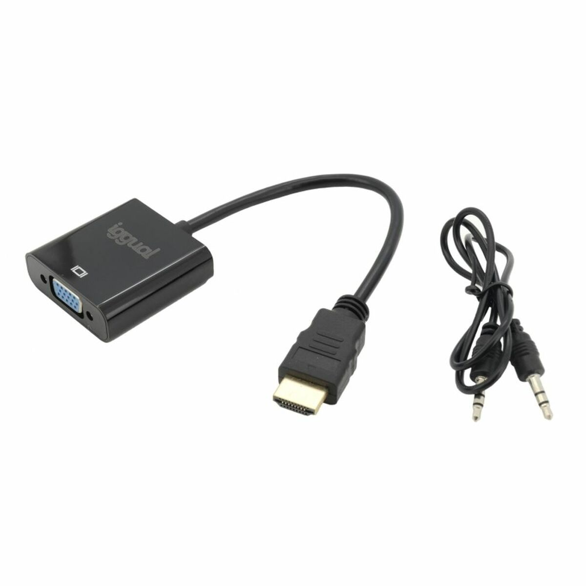 Un adaptador HDMI a VGA negro y cables de audio auxiliares.
