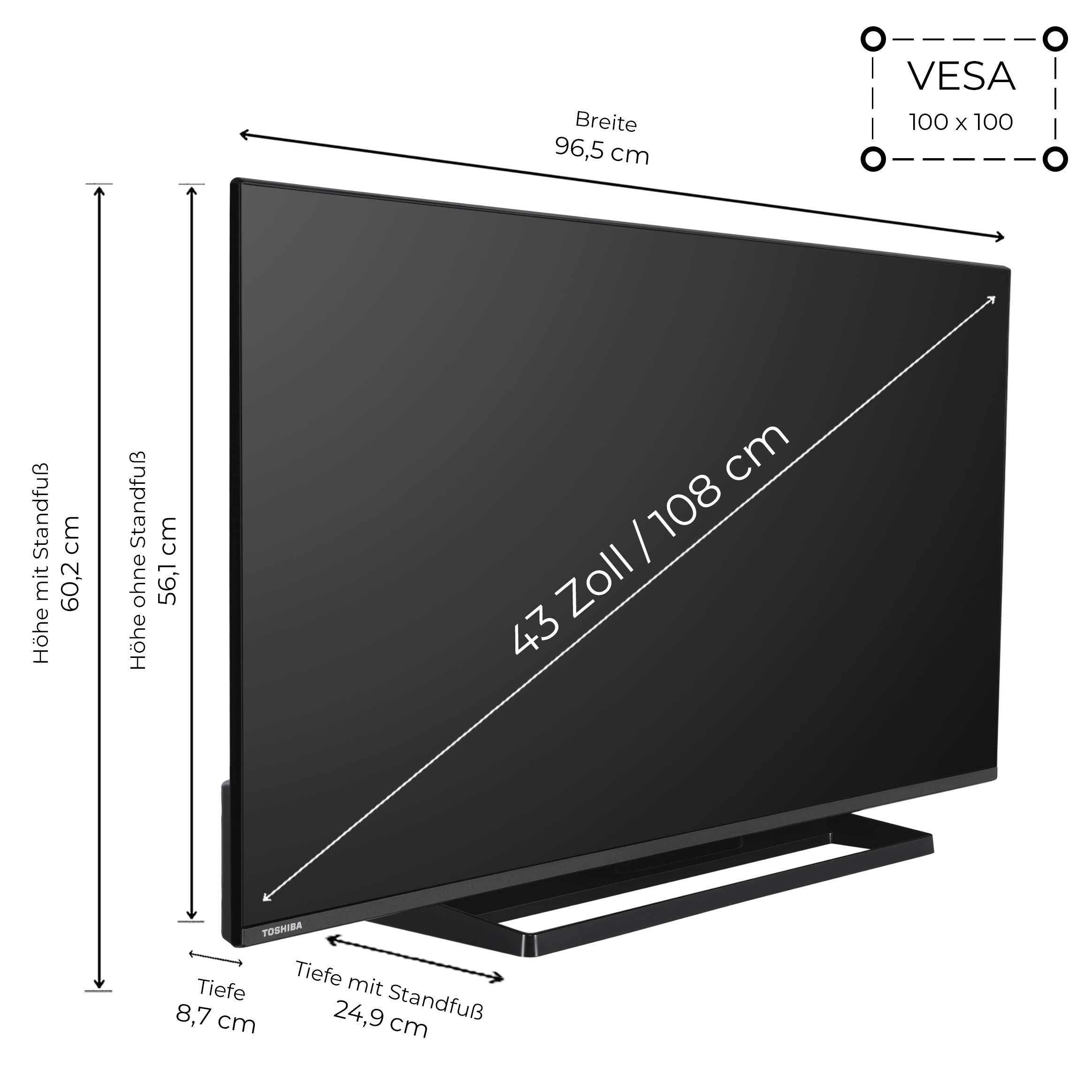 Ein schwarzer Toshiba 43-Zoll-Fernseher mit Ständer, der Abmessungen und VESA-Maße zeigt.