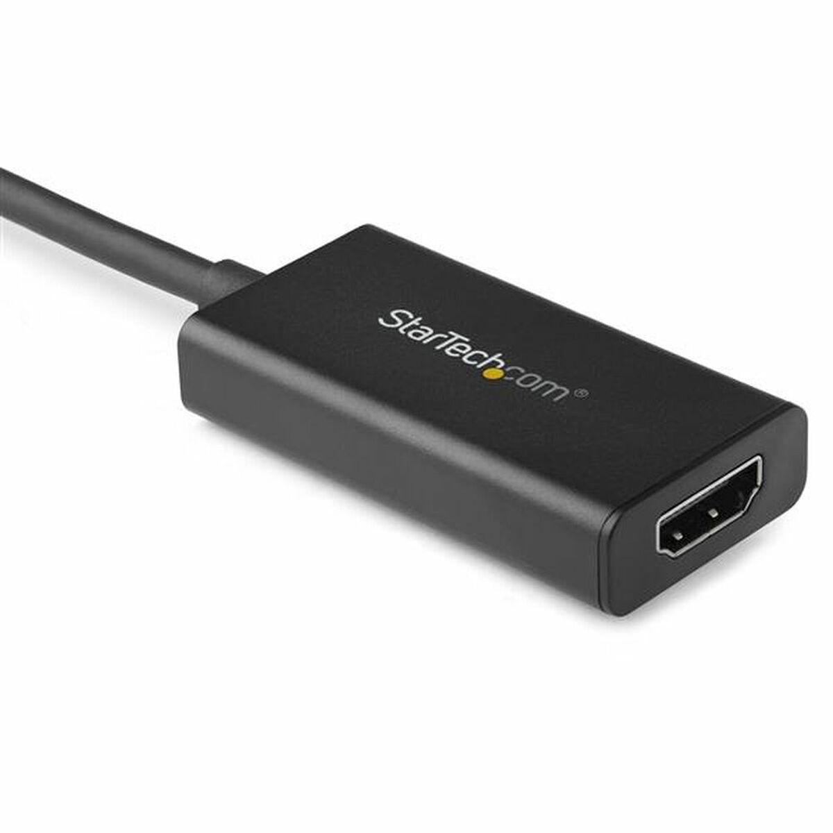 Un adaptador HDMI negro con el logotipo de StarTech.com.