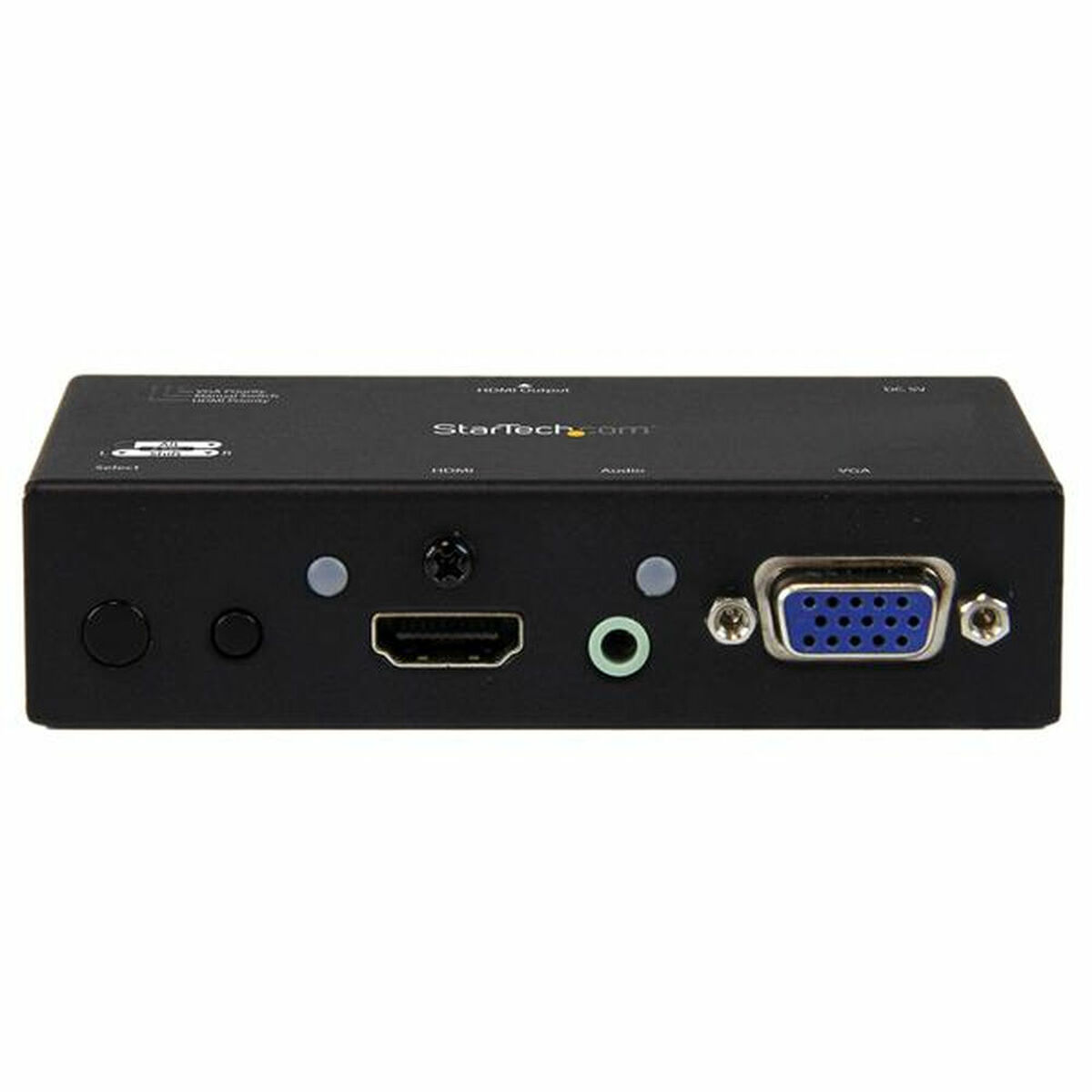 Convertidor HDMI a VGA negro con múltiples puertos: salida HDMI, audio, VGA y entrada de alimentación.