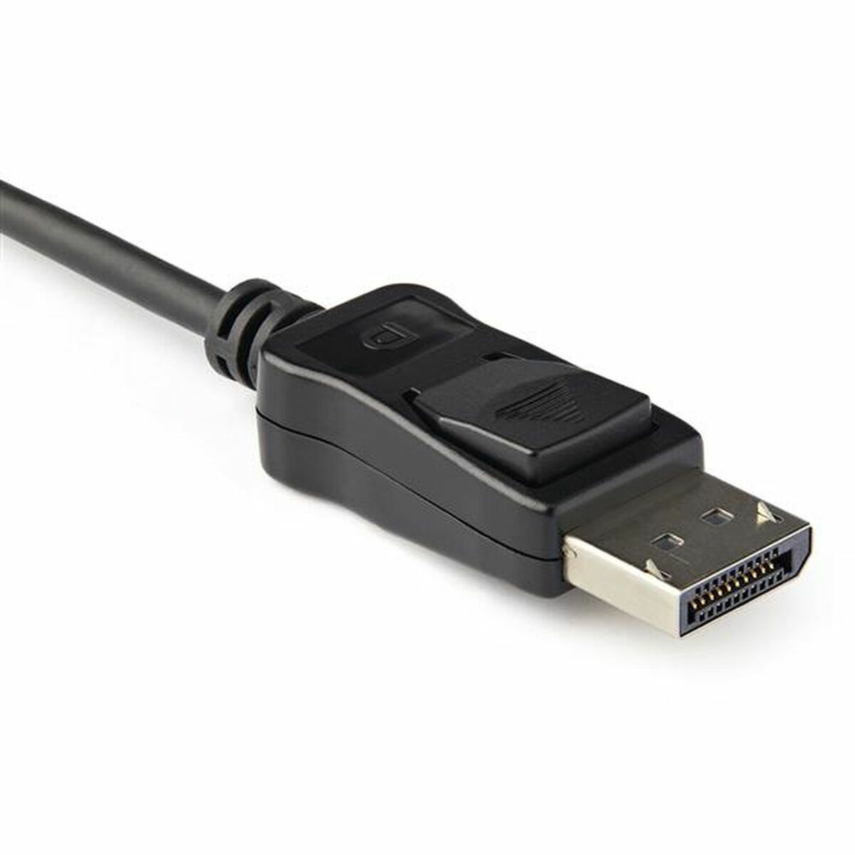 Un cable DisplayPort negro con un conector negro. El conector tiene un botón de liberación.
