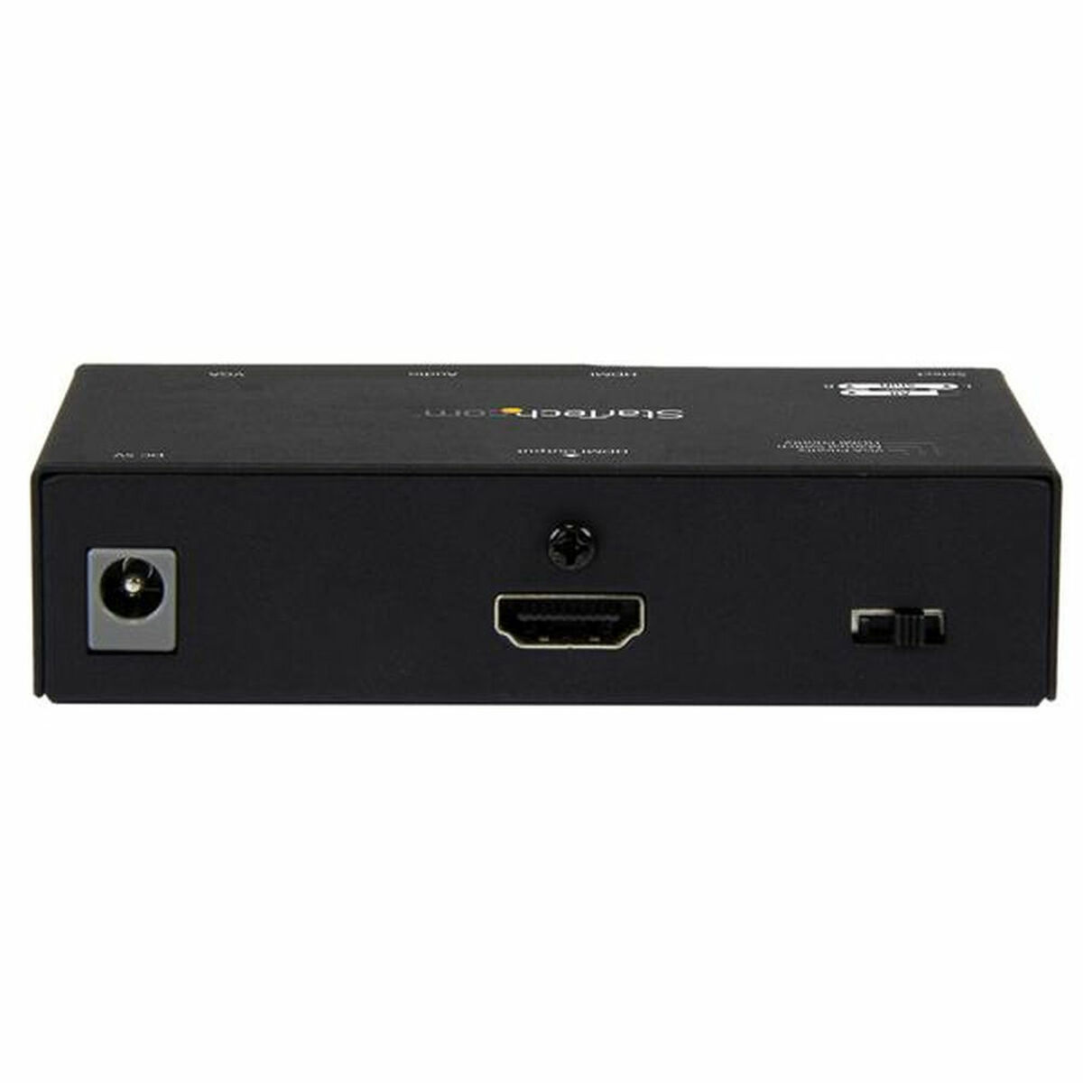 Dispositivo HDMI negro con puertos. Incluye puerto de alimentación, puerto HDMI y un interruptor.
