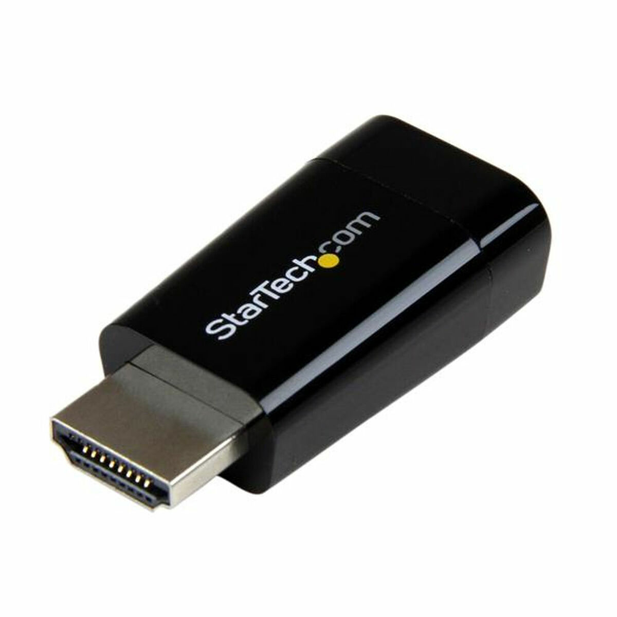 Adaptador HDMI negro con texto 'StarTech.com' blanco, aislado sobre blanco.