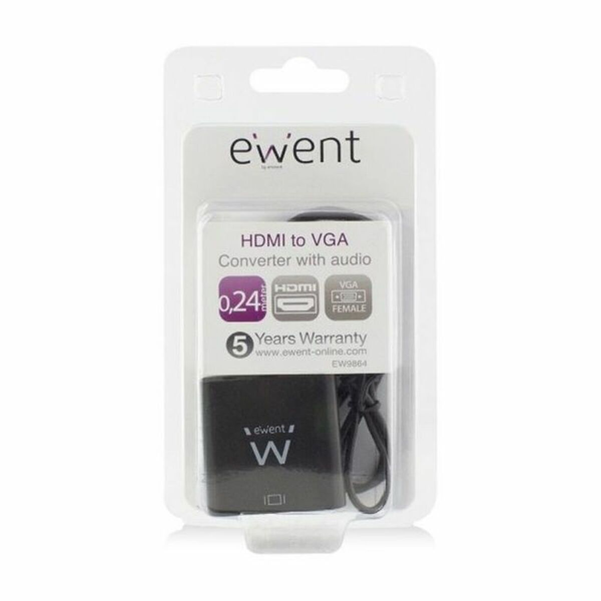 Convertitore Ewent da HDMI a VGA in blister. Convertitore nero con cavo nero.