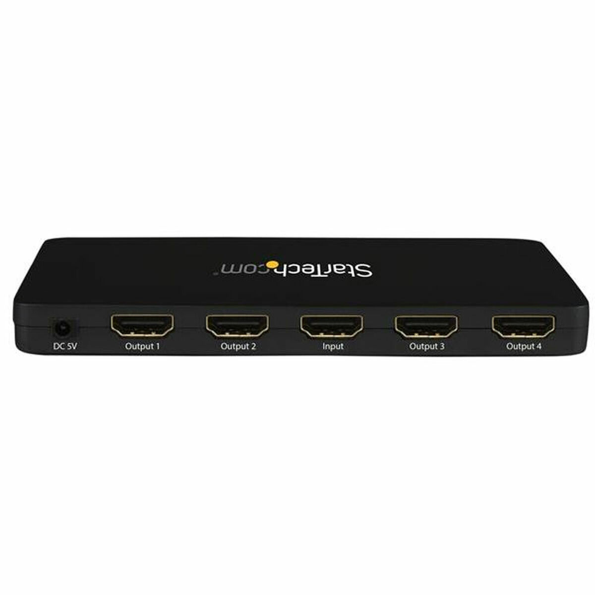 Divisor HDMI negro con múltiples puertos de salida y entrada. Marca 'StarTech.com' visible.