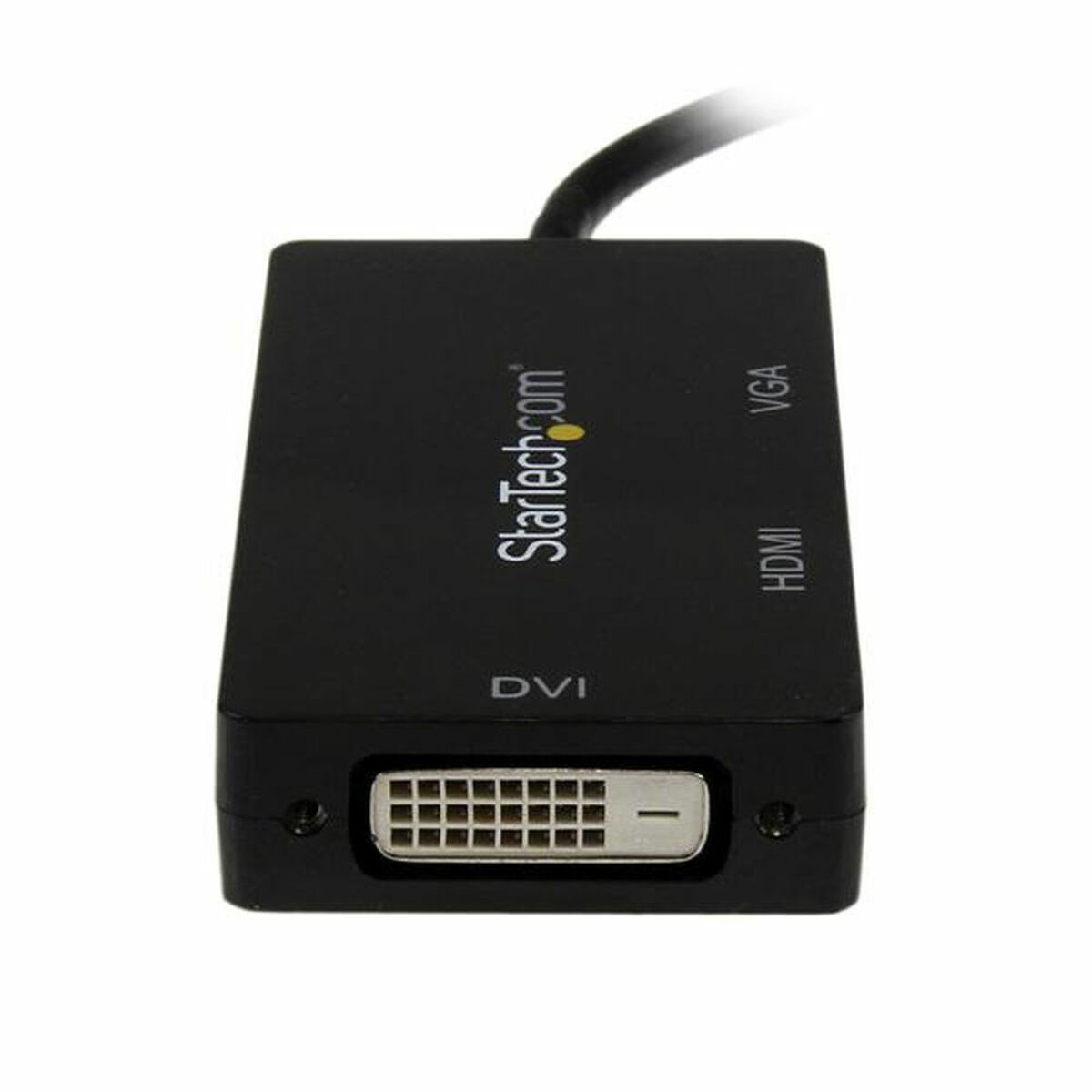 Un adaptador negro con puertos DVI, HDMI y VGA, etiquetado con el logo StarTech.com sobre fondo blanco.