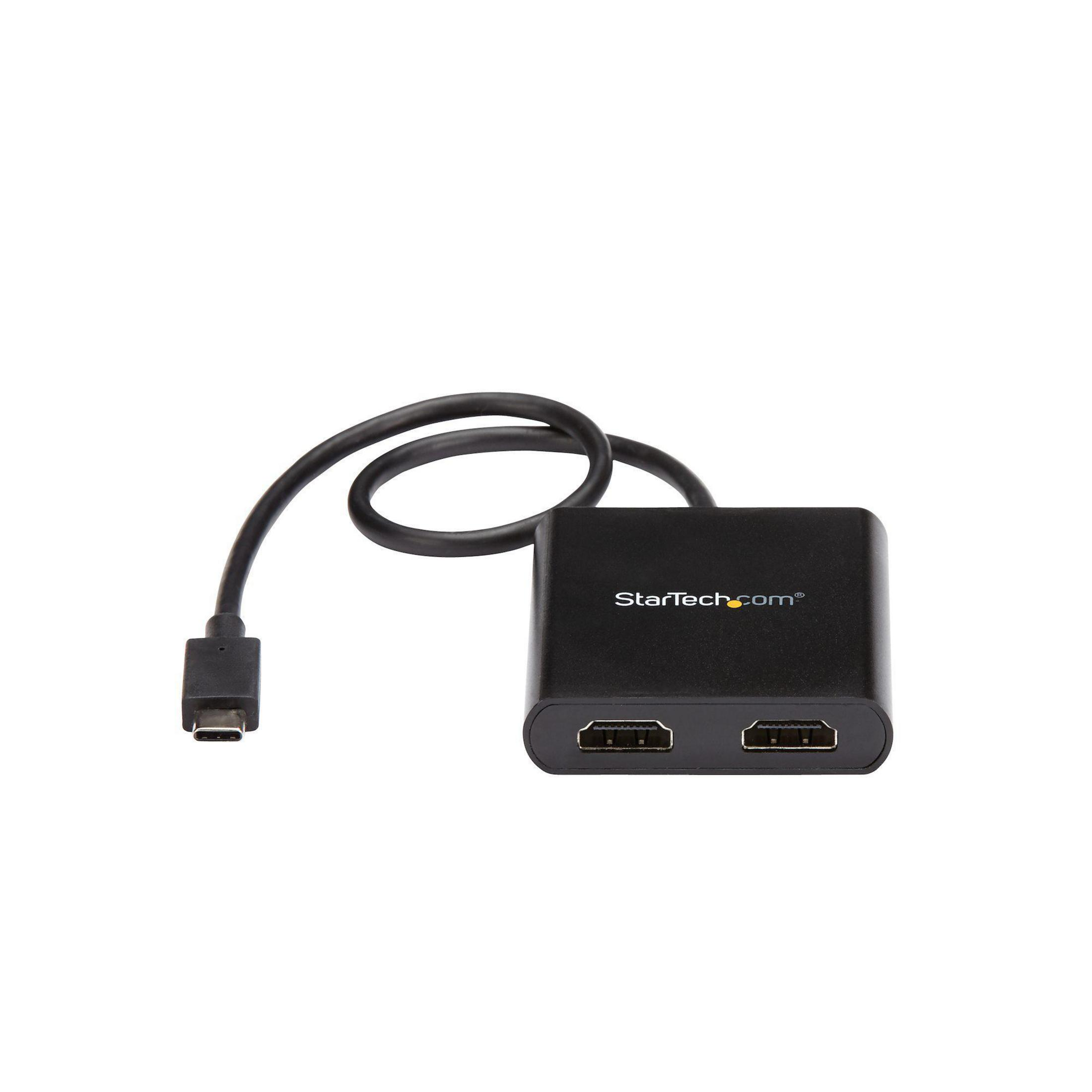 Adaptador HDMI negro con dos puertos HDMI y un conector USB-C, sobre fondo blanco.