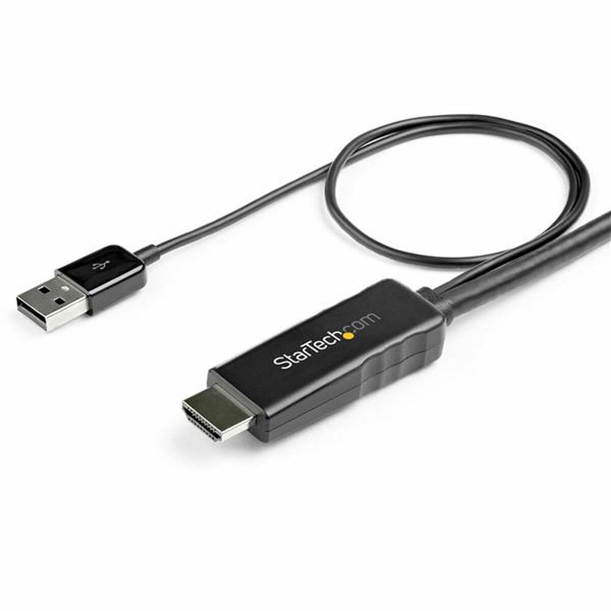 Cable adaptador USB a HDMI negro. El extremo USB es negro, el HDMI es negro y plateado.