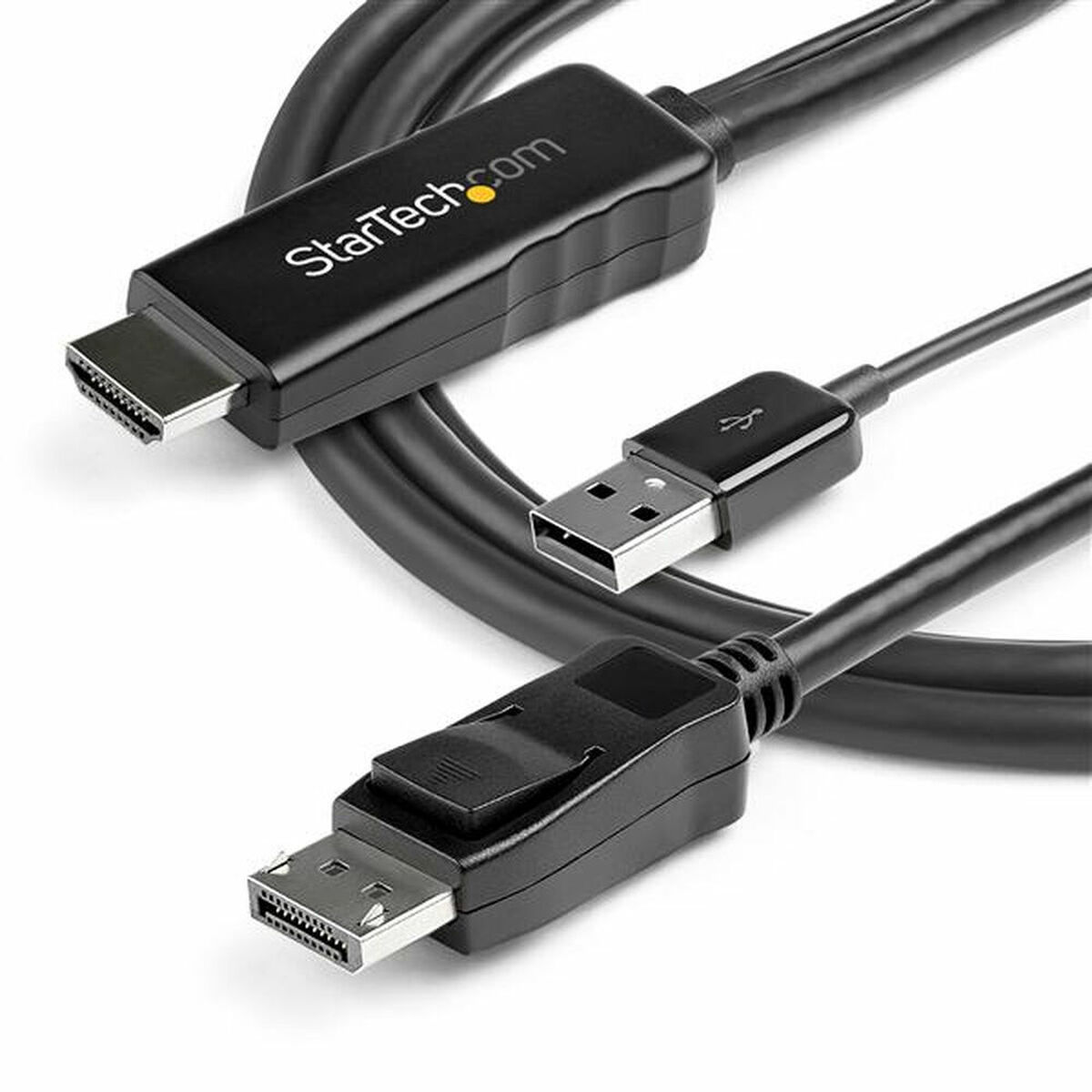 Cables negros HDMI, USB y DisplayPort, mostrando conectores y el logotipo de StarTech.com.
