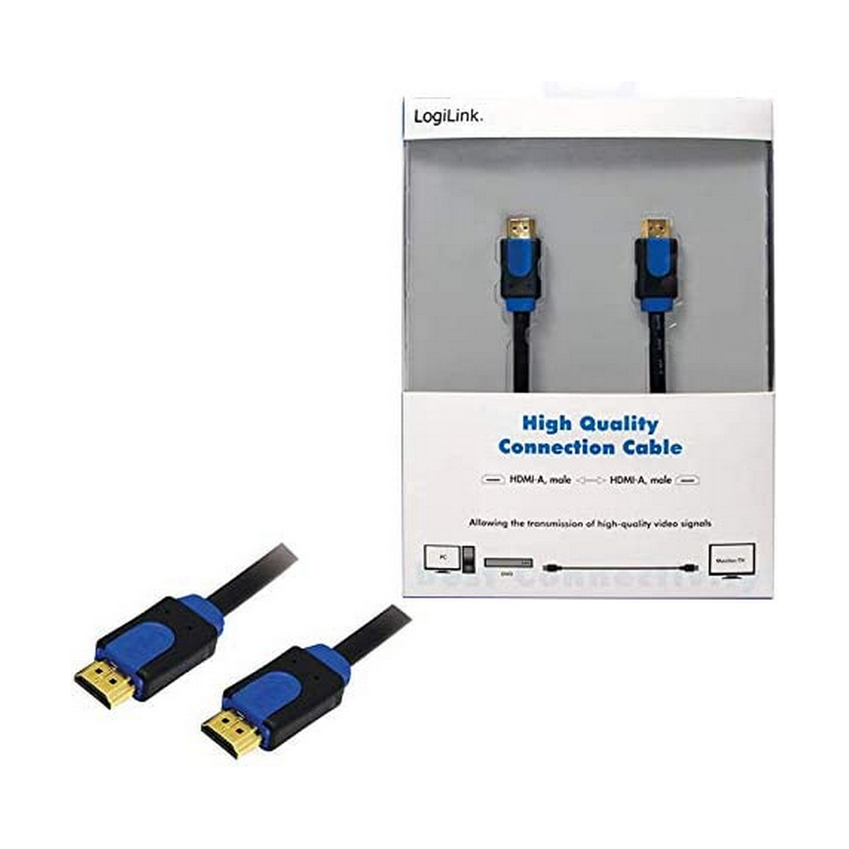 A product shot of two HDMI cables in a box, with connectors and a label on a white background.