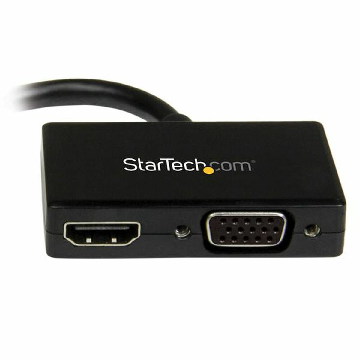 Adaptador negro HDMI a VGA. Puertos HDMI y VGA visibles. Logotipo StarTech.com.