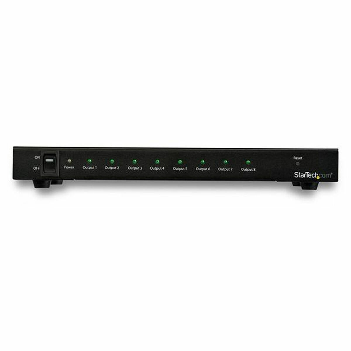 Regleta negra con 8 puertos de salida y un interruptor de encendido/apagado.