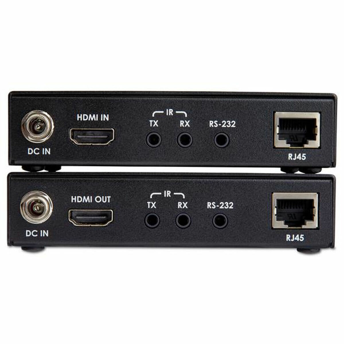 Dos extensores HDMI negros con etiquetas y puertos, sobre un fondo blanco.