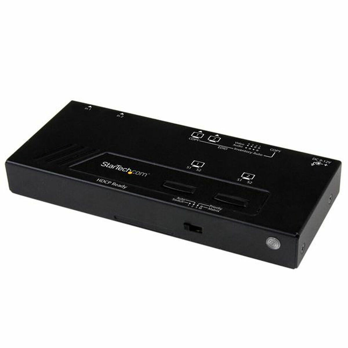 Dispositivo de matriz de video negro preparado para HDCP sobre fondo blanco.