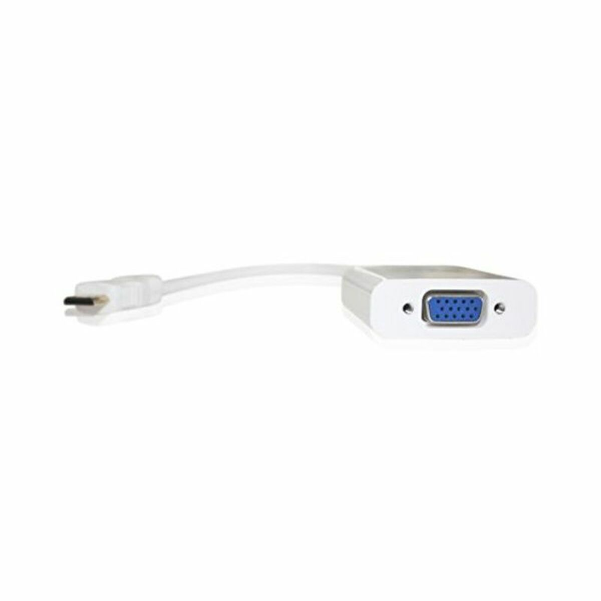 Un adaptador blanco con un puerto VGA y un cable mini DisplayPort. El puerto VGA es visible a la derecha.
