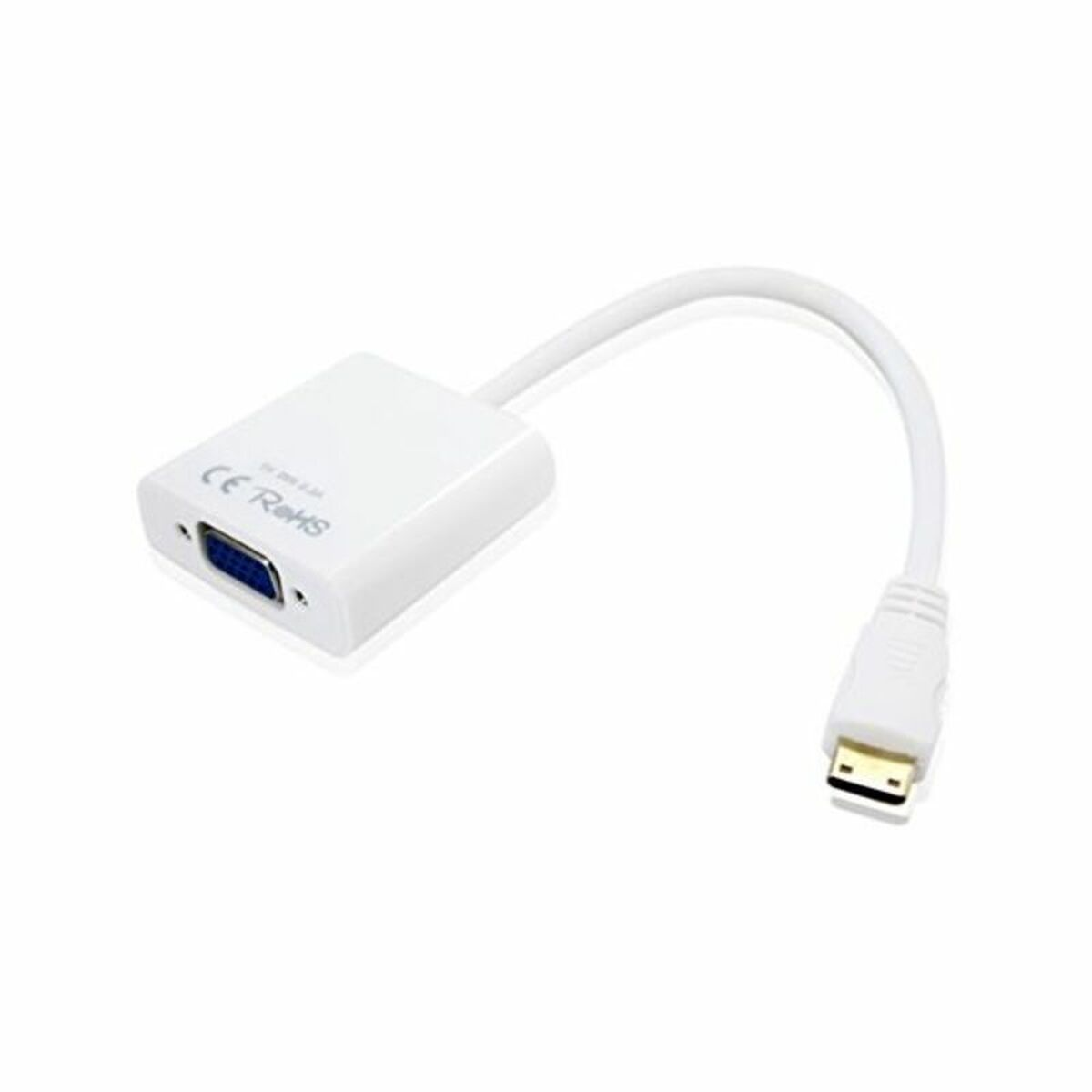 Adaptador HDMI a VGA blanco con cable blanco. Fondo blanco.