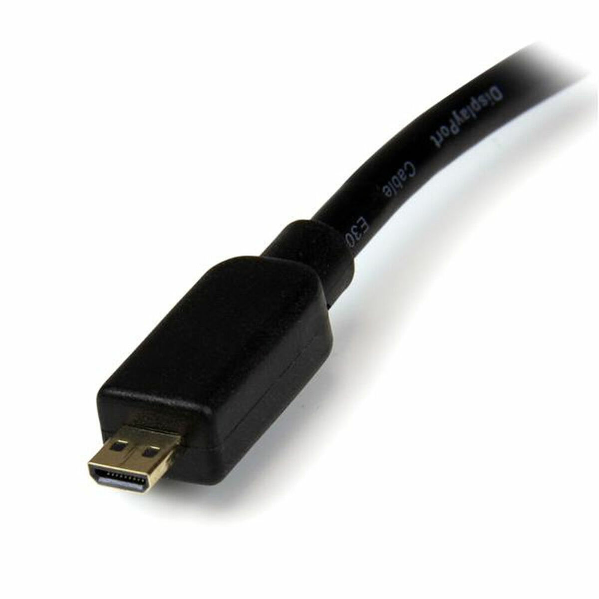 Un cable DisplayPort negro con un conector pequeño en el extremo.