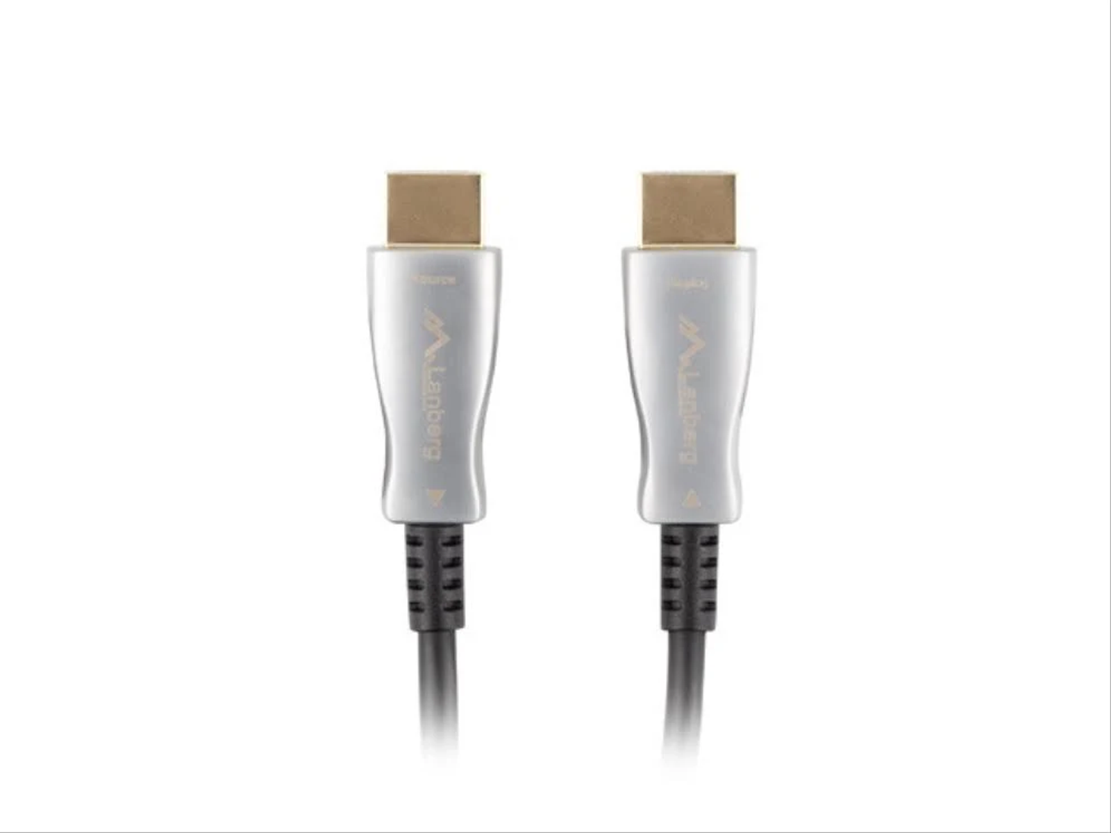 Dwa srebrne kable HDMI ze złotymi złączami. Kable są obok siebie.