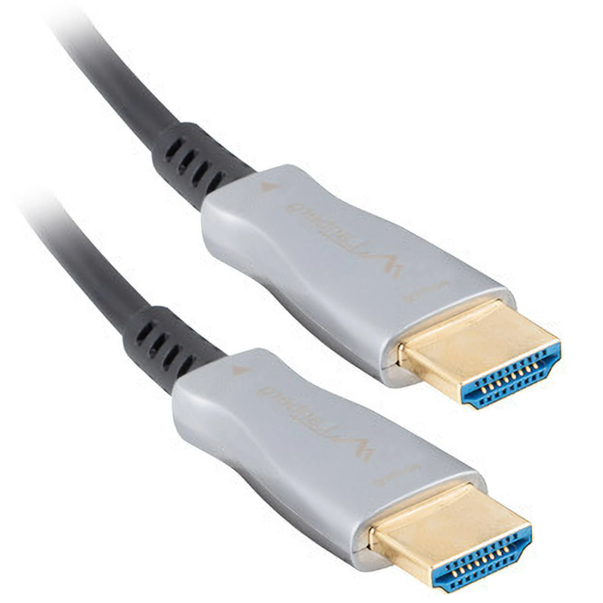 Zbliżenie na końcówki kabla HDMI ze złotymi złączami. Kabel jest czarny, a złącza srebrne.