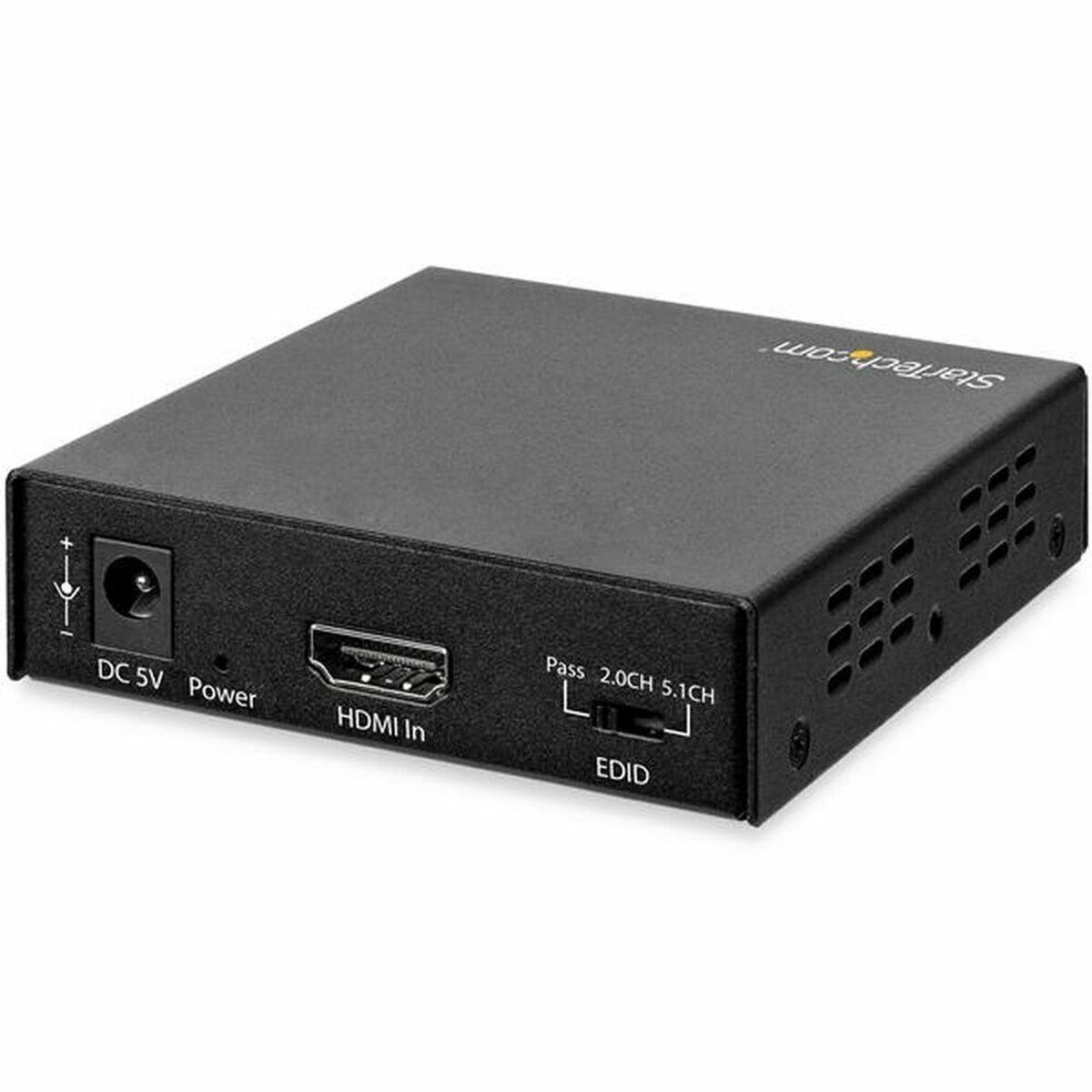 Convertidor de señal HDMI negro con puertos HDMI de entrada y salida, un puerto de alimentación y un interruptor.