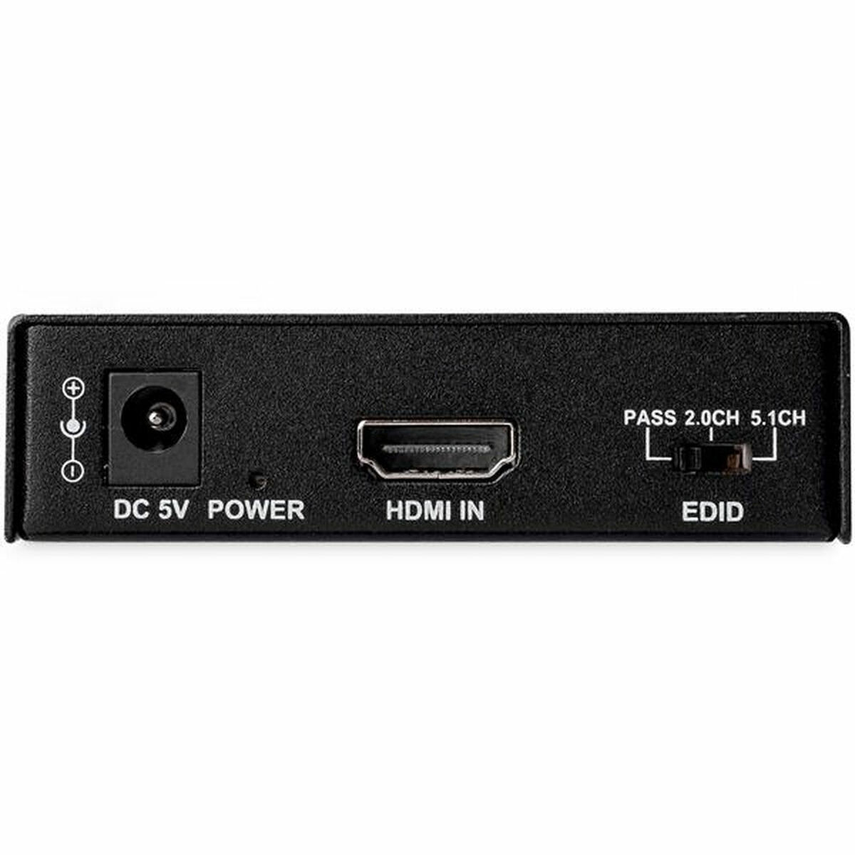 Un convertidor de HDMI a HDMI negro que muestra la parte trasera. Tiene puertos DC 5V, HDMI entrada/salida y EDID.