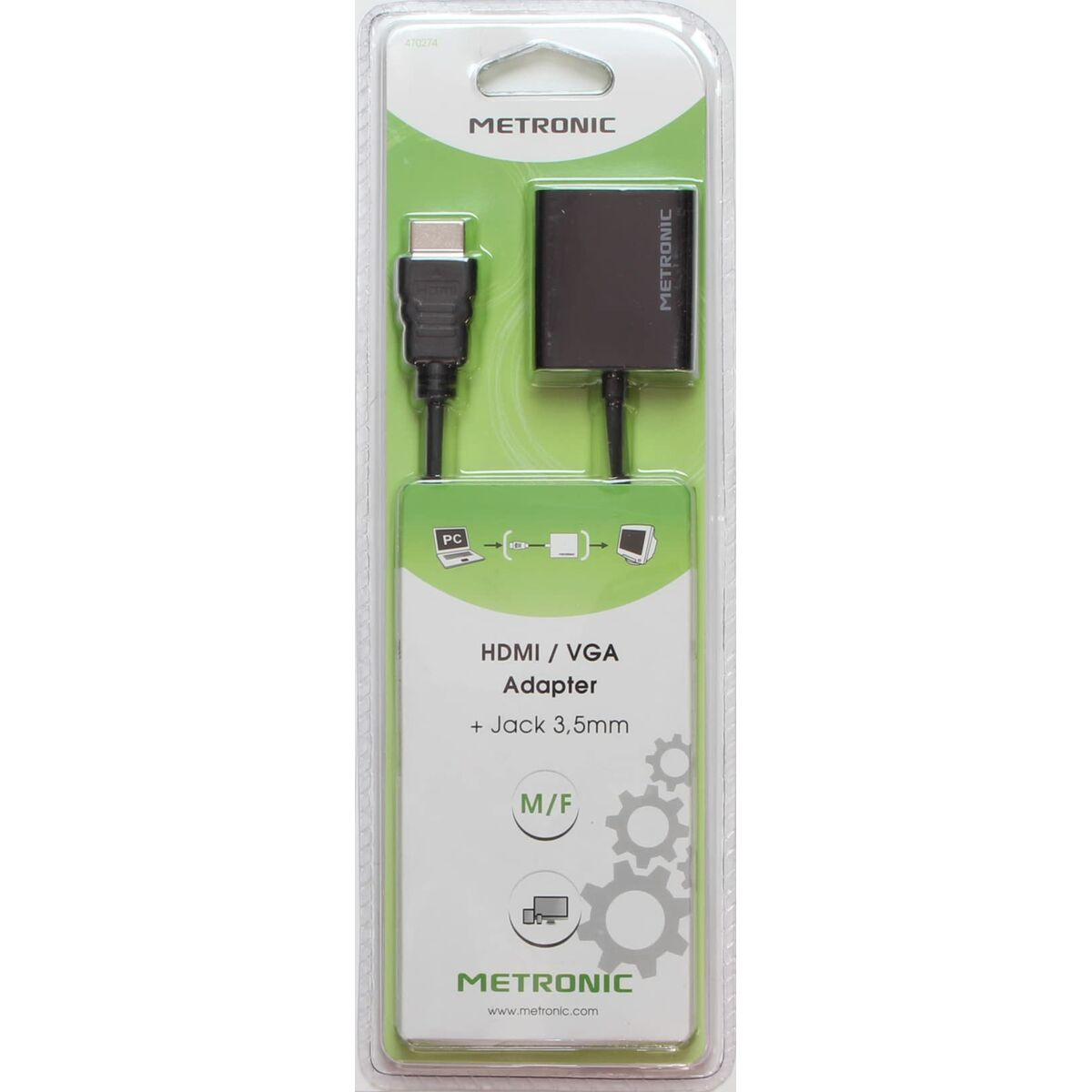 Adaptador Metronic HDMI a VGA en embalaje plástico. Fondo blanco.