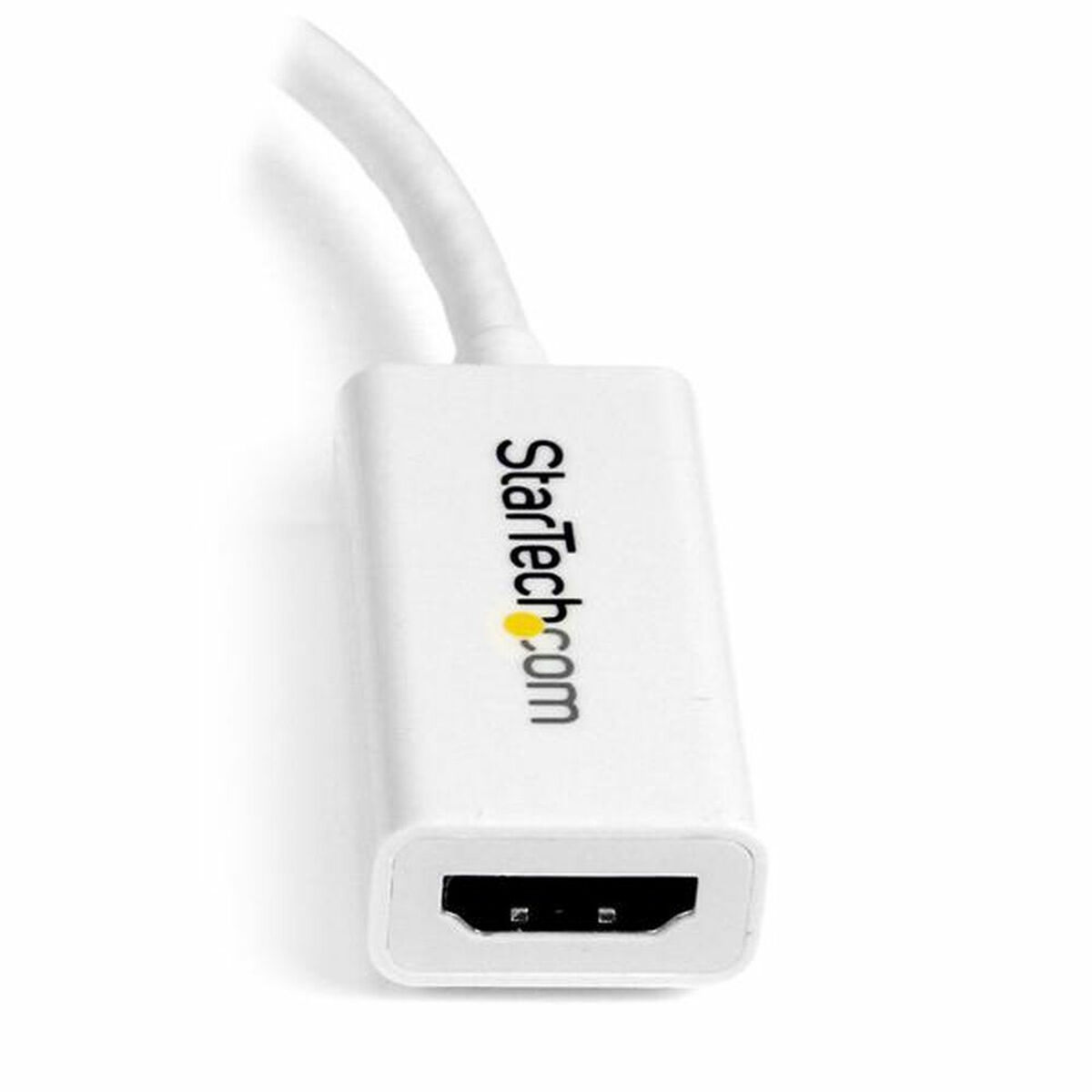 Adaptador HDMI blanco con el logotipo de StarTech.com. Fondo blanco.