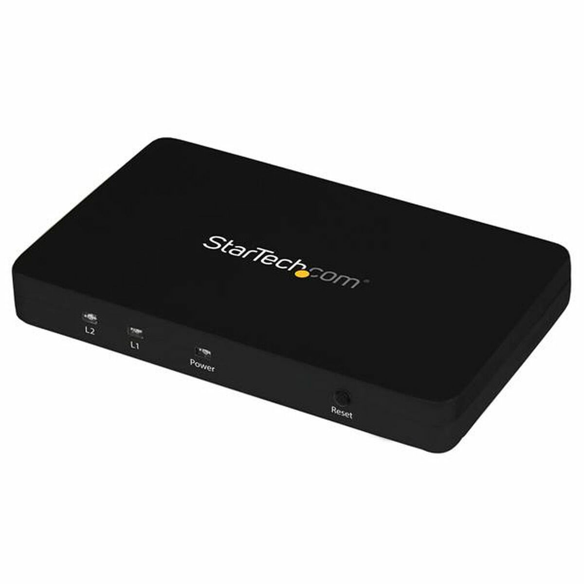 Dispositivo rectangular negro con logo 'StarTech.com' y botones, aislado en blanco.