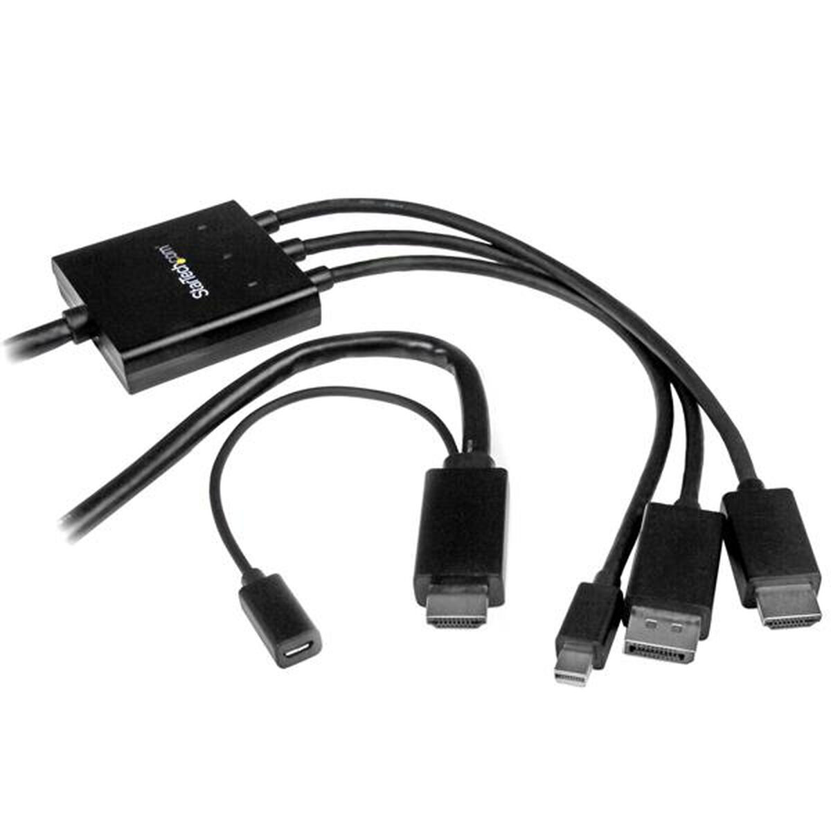 Divisor HDMI negro con múltiples cables y conectores, incluyendo HDMI y USB-C. Los cables están curvados.