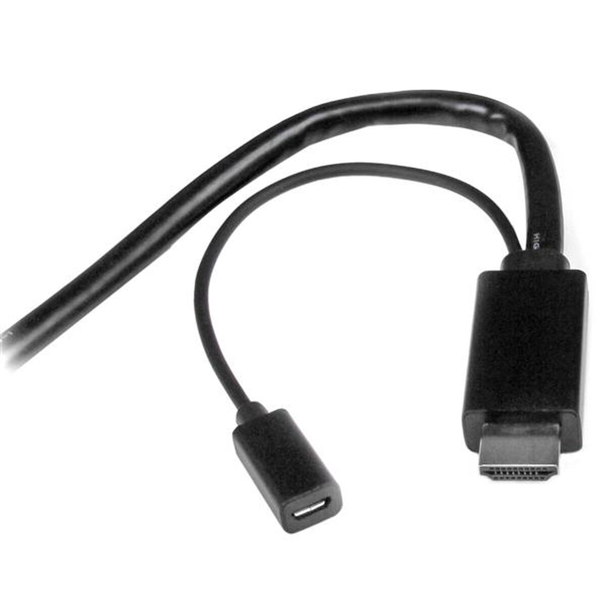 Cable HDMI negro con dos extremos, uno USB-C, sobre fondo blanco.
