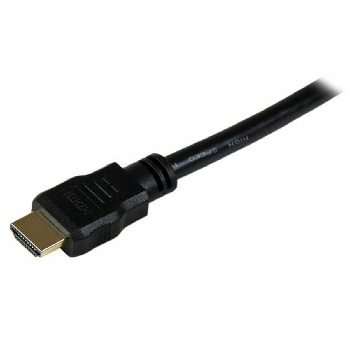 Un cable HDMI negro. El conector es dorado. En el cable está escrito Alta Velocidad.