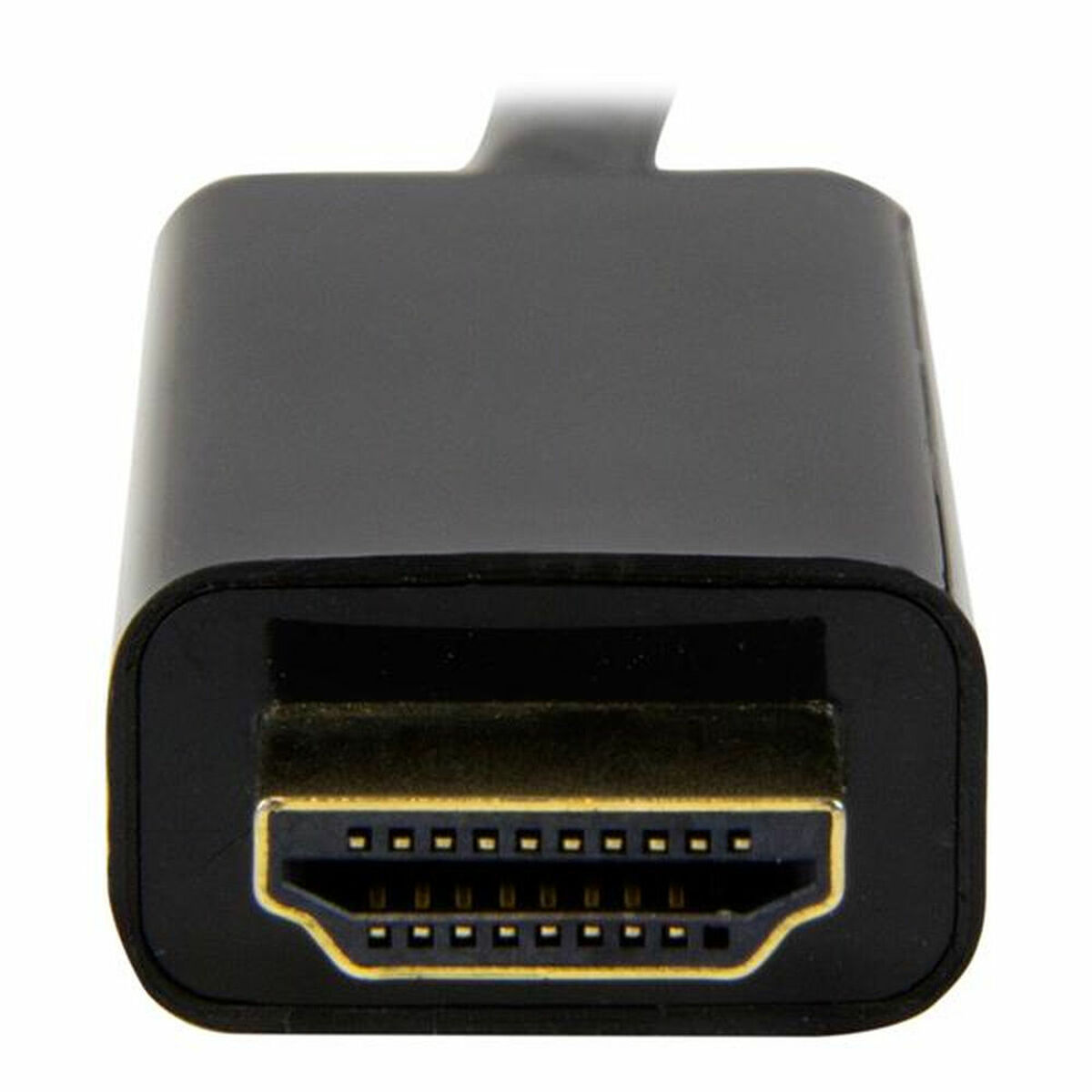 Primer plano de un conector HDMI negro. Pines chapados en oro visibles. Fondo blanco.