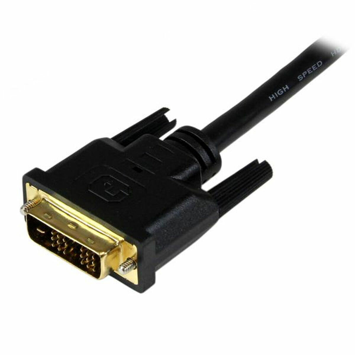 Cable DVI negro con conectores dorados, con fondo blanco.