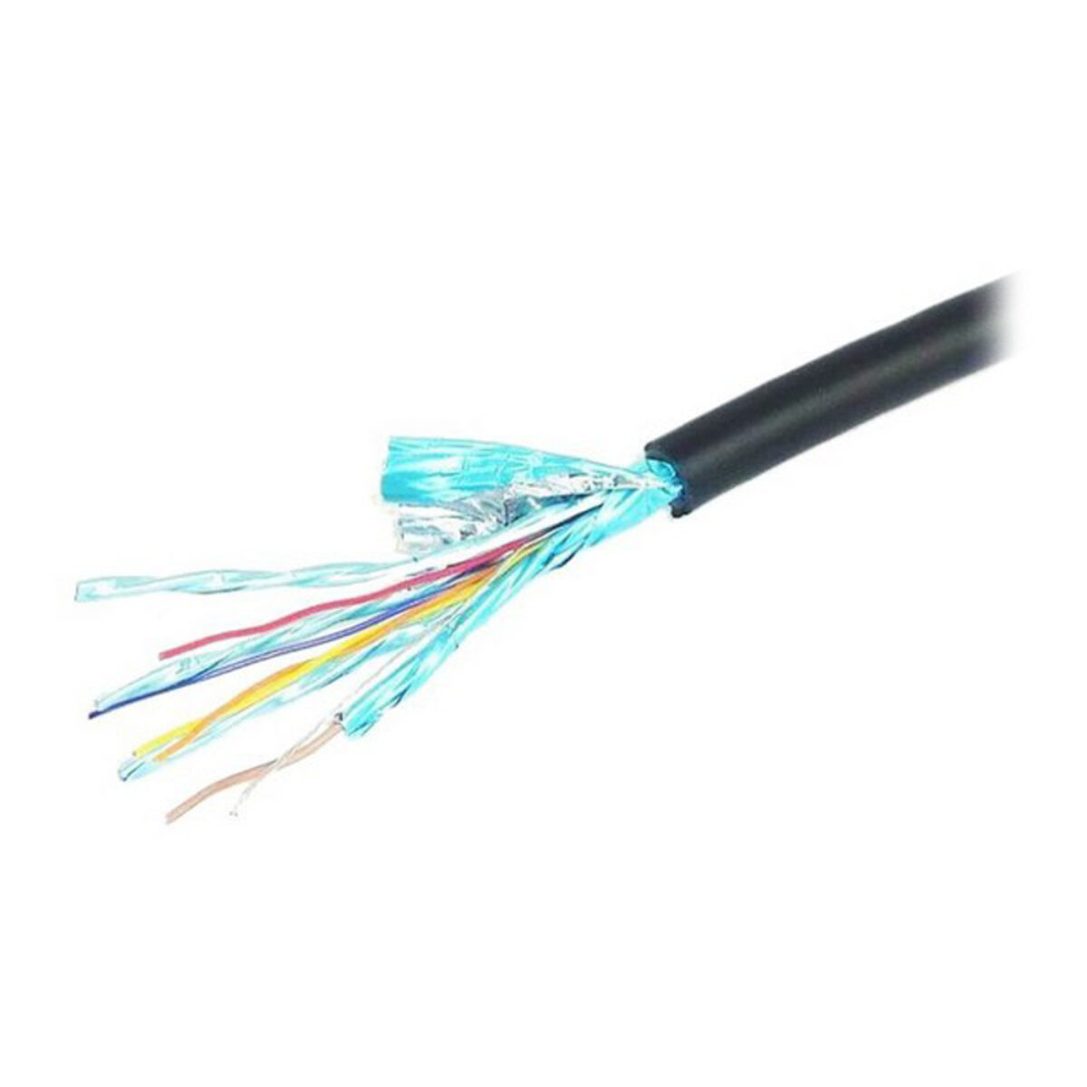 Un cable HDMI cortado, que muestra los cables internos. Cables de varios colores, rodeados de blindaje.