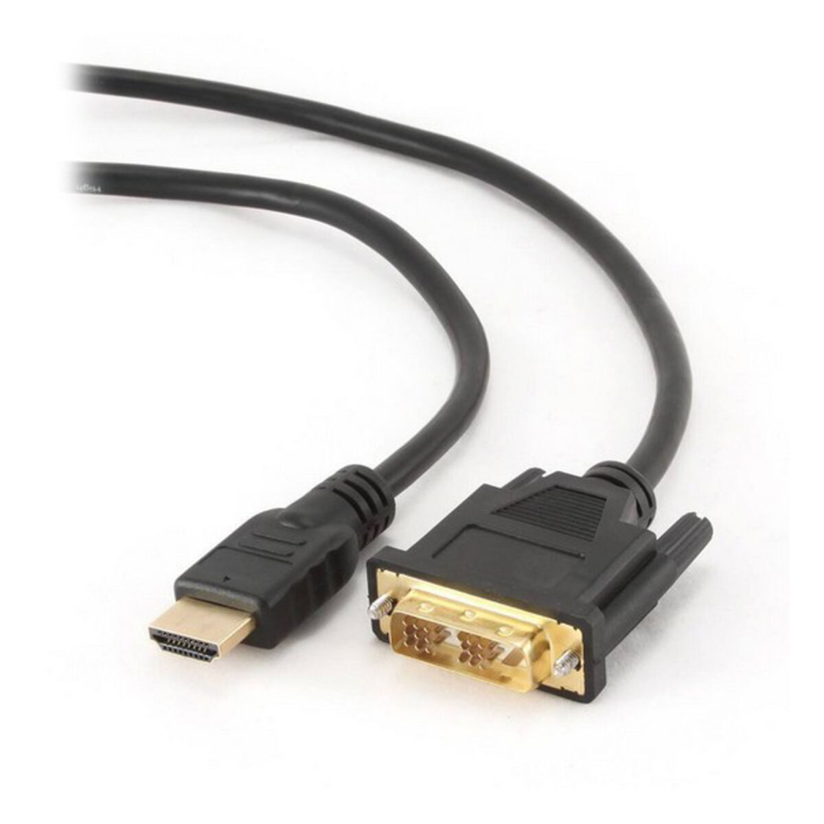 Cable HDMI a DVI negro, vista en ángulo, fondo blanco.