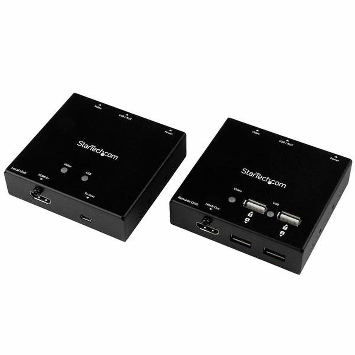 Dos conmutadores HDMI negros StarTech.com. Tienen múltiples puertos para conexiones de vídeo, USB y audio.