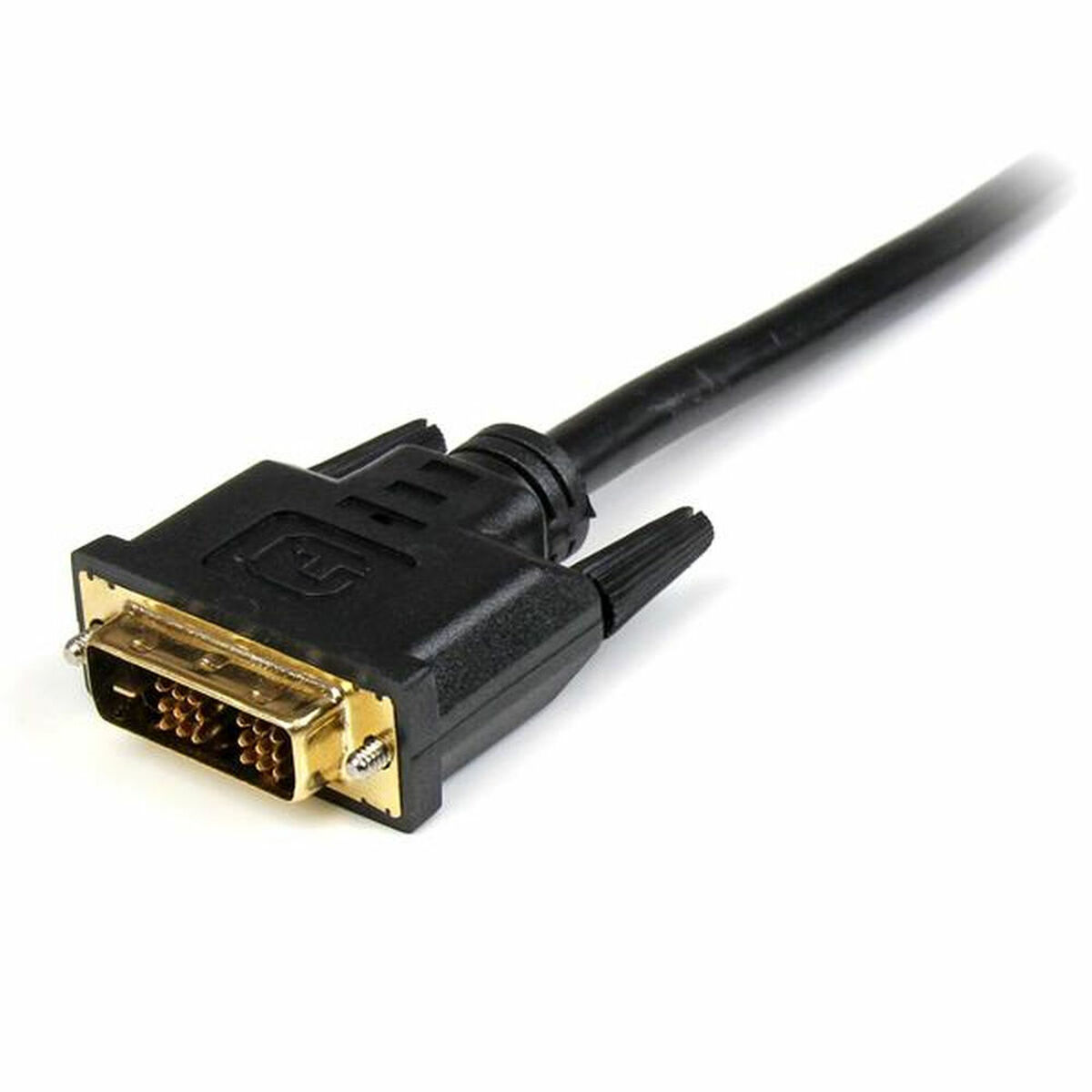 Cable DVI, negro con conectores dorados, sobre un fondo blanco.