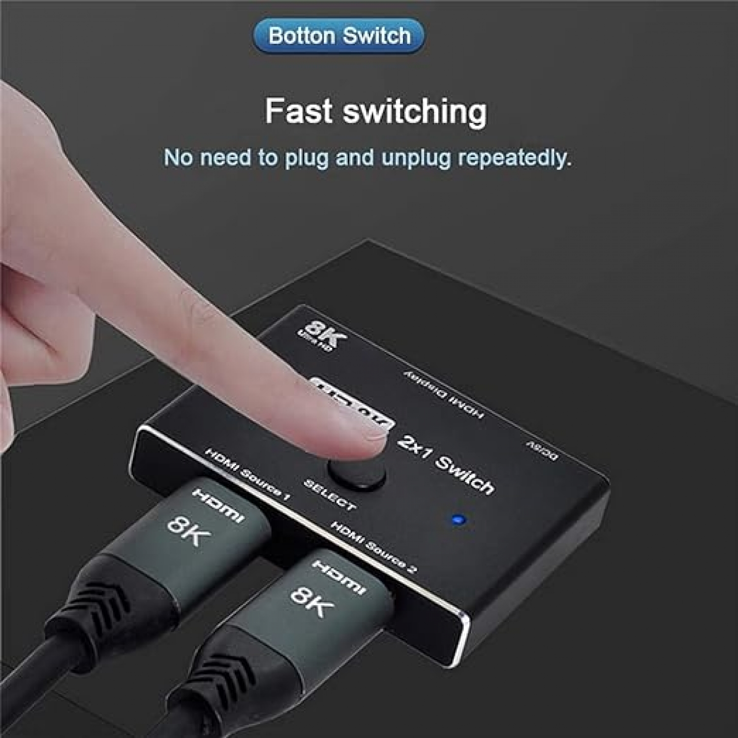 Conmutador HDMI negro con cables. Un dedo presiona el botón con texto.