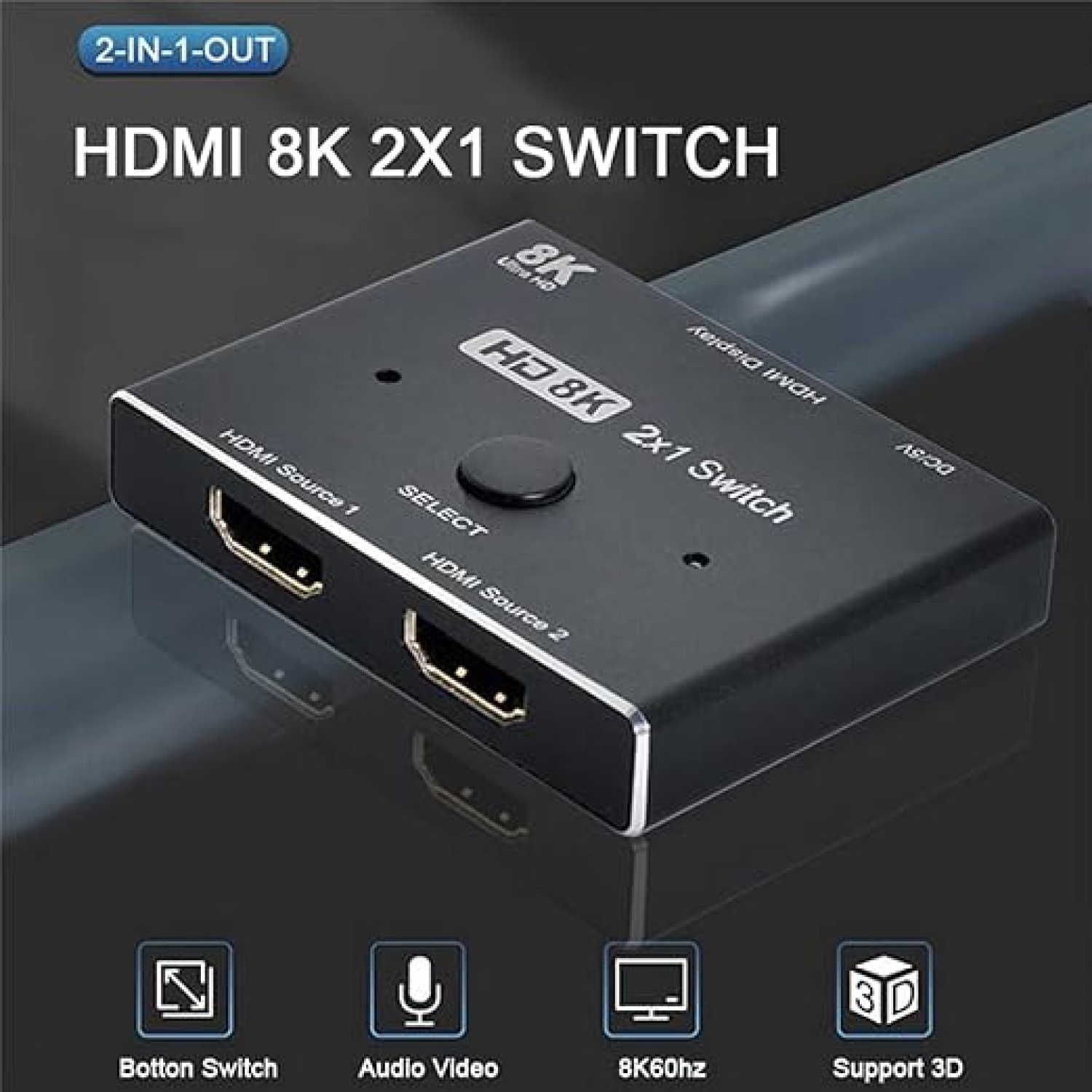 Interruptor HDMI negro con puertos y etiquetas. Texto: "HDMI 8K 2X1 Switch".