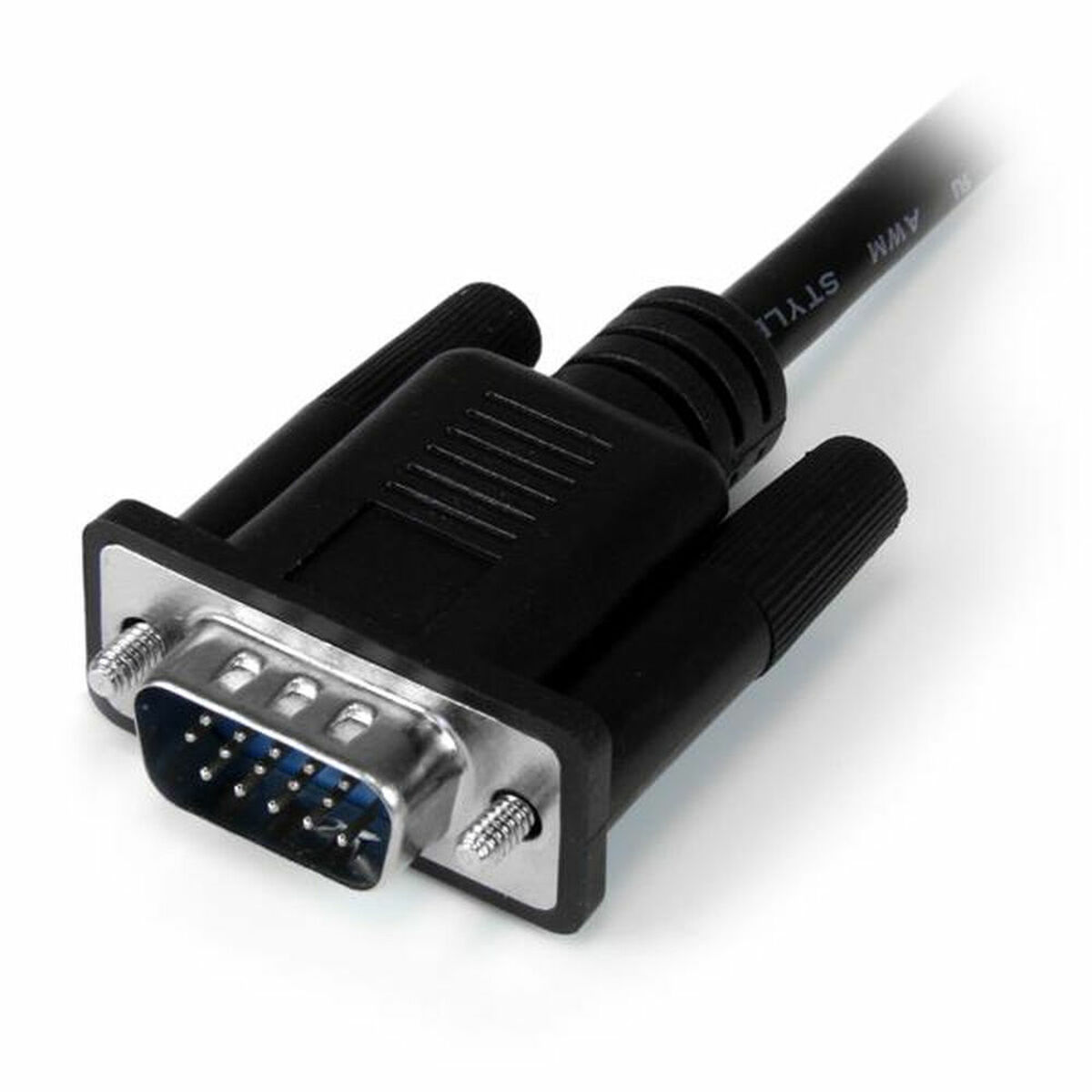 Cable de puerto serie negro, con conector sobre fondo blanco.